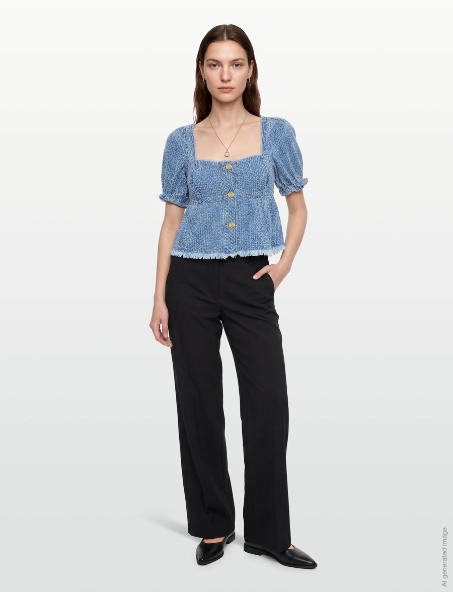 GANNI - Fluffy Denim Blouse - short-sleeved blouses - mid blue stone - 0