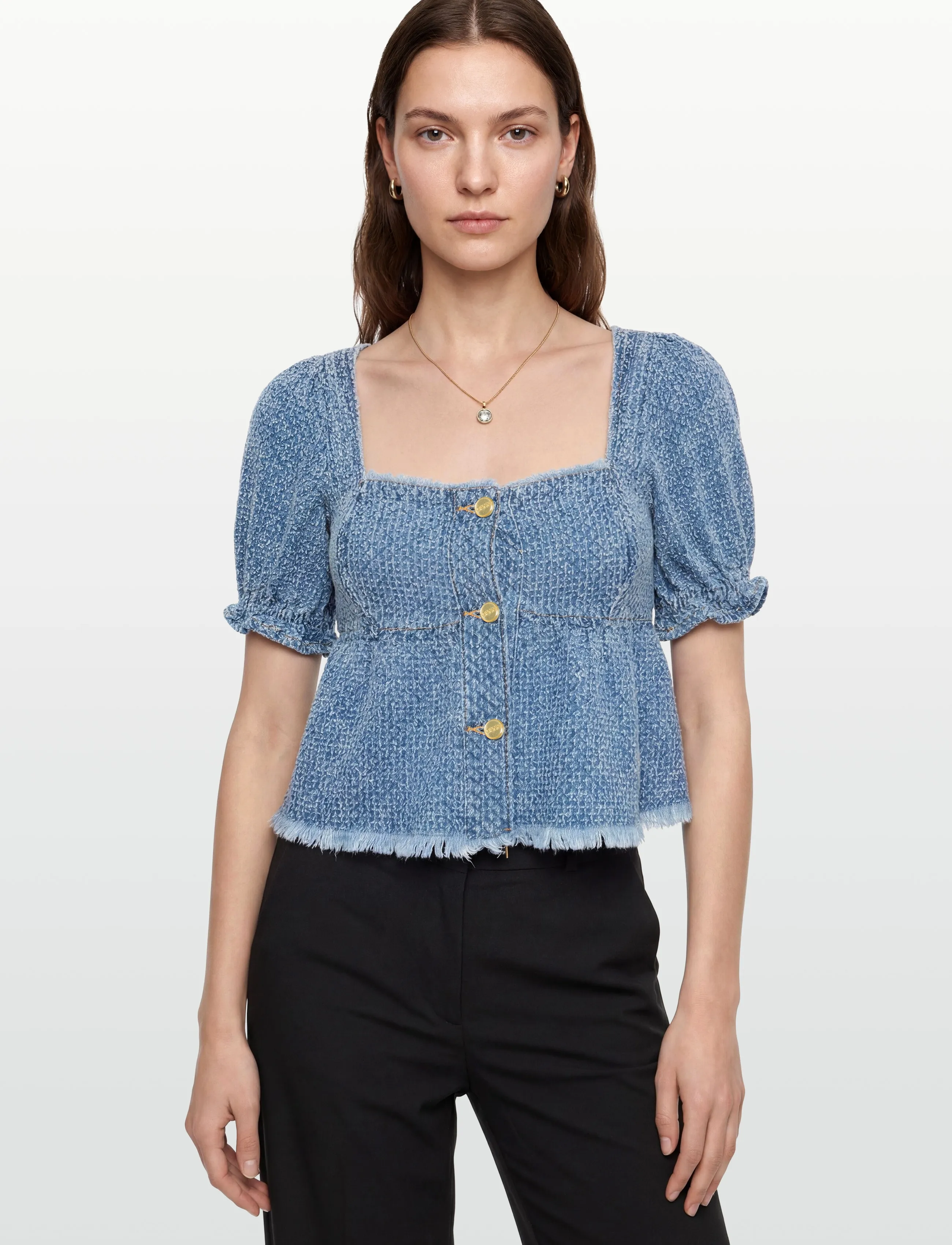 GANNI - Fluffy Denim Blouse - short-sleeved blouses - mid blue stone - 3