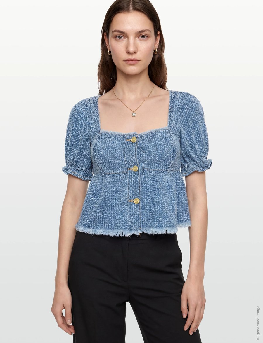 GANNI - Fluffy Denim Blouse - short-sleeved blouses - mid blue stone - 3