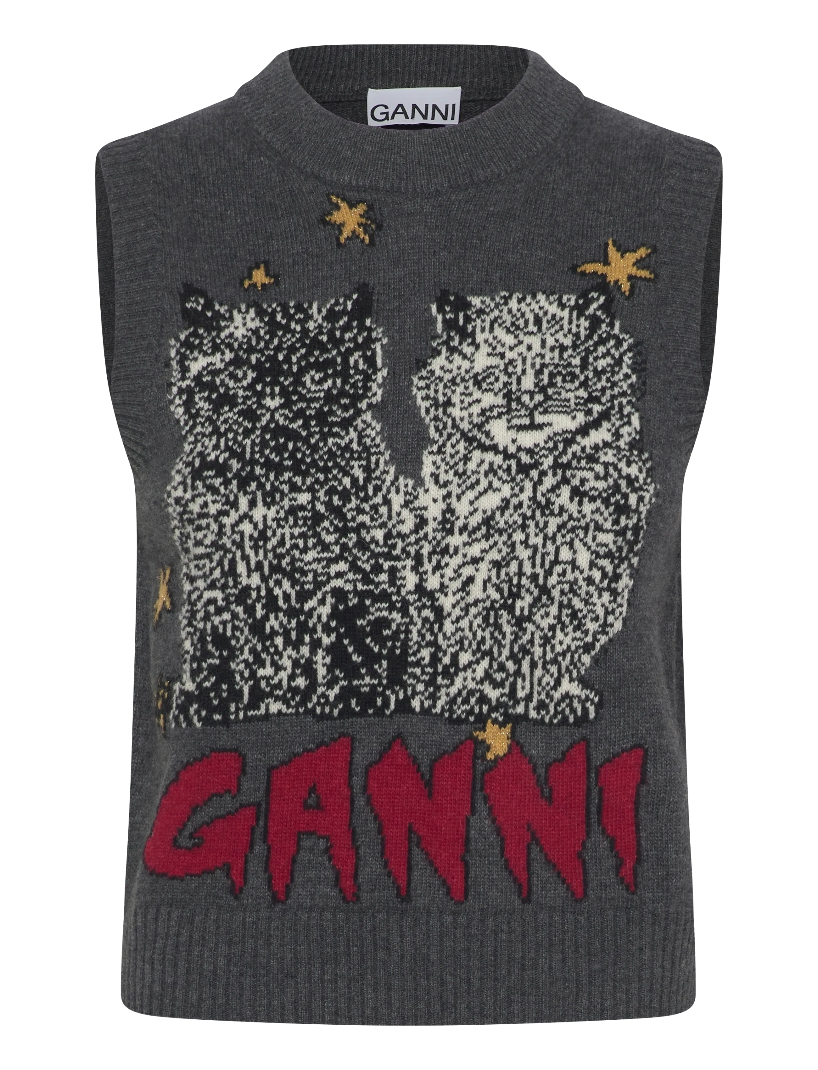GANNI GRAPHIC WOOL MIX CATS VEST - GANNI - GRAY QUILL / grey
