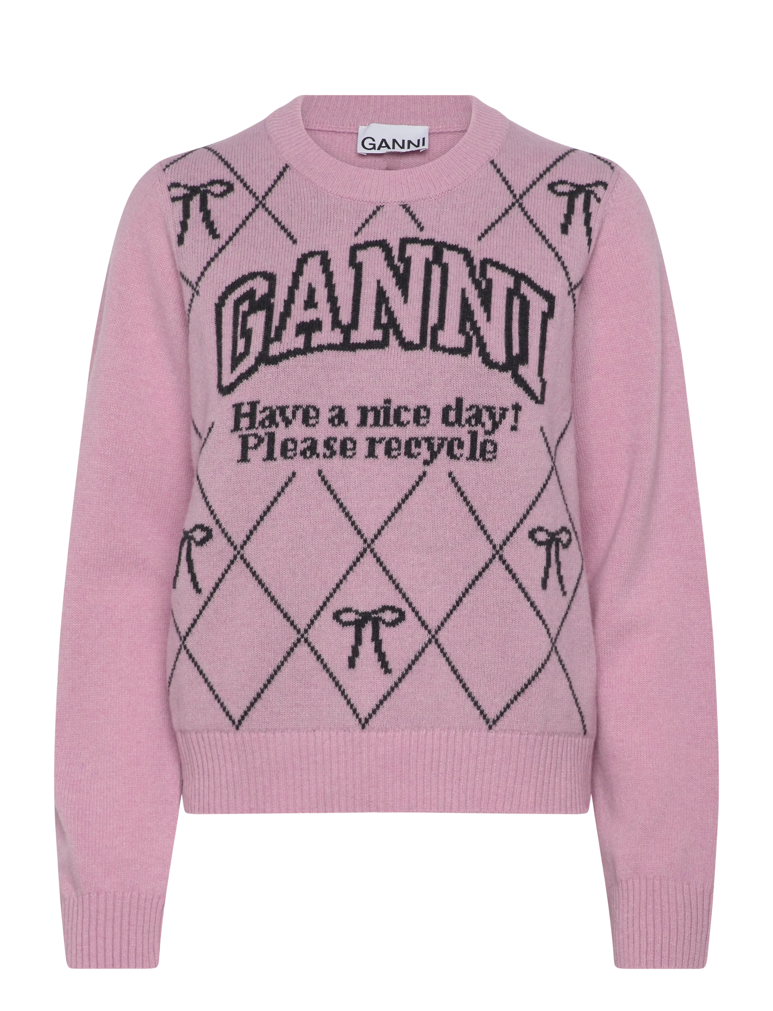 GANNI GRAPHIC WOOL MIX BOW CREWNECK - GANNI - MAUVE CHALK / pink/rose
