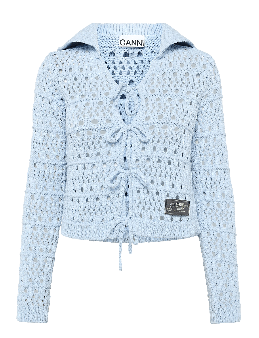 GANNI - Cotton Mix Tie String Cardigan - strickjacken - soft chambray - 0