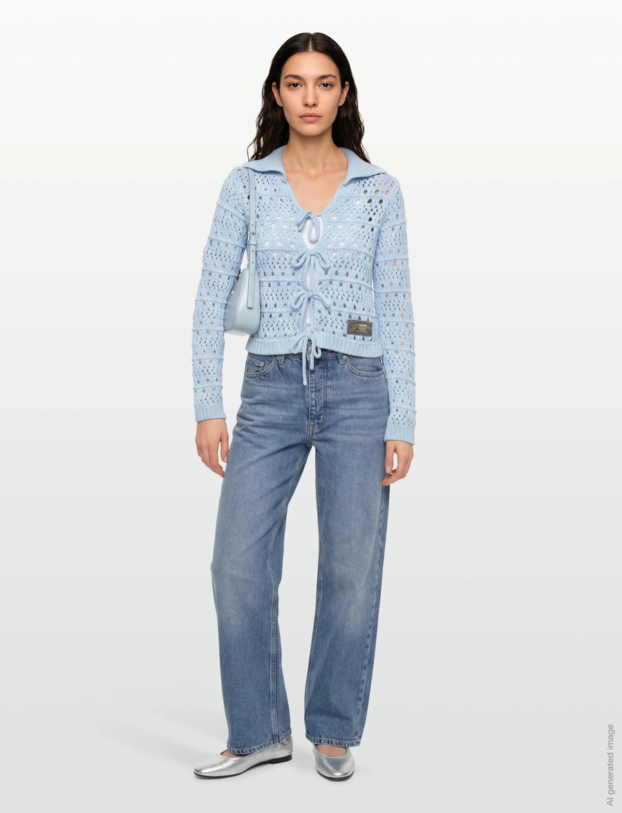 GANNI - Cotton Mix Tie String Cardigan - kardiganai - soft chambray - 0