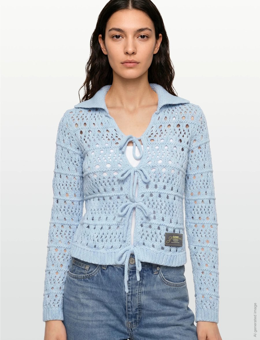 GANNI - Cotton Mix Tie String Cardigan - kardiganai - soft chambray - 4
