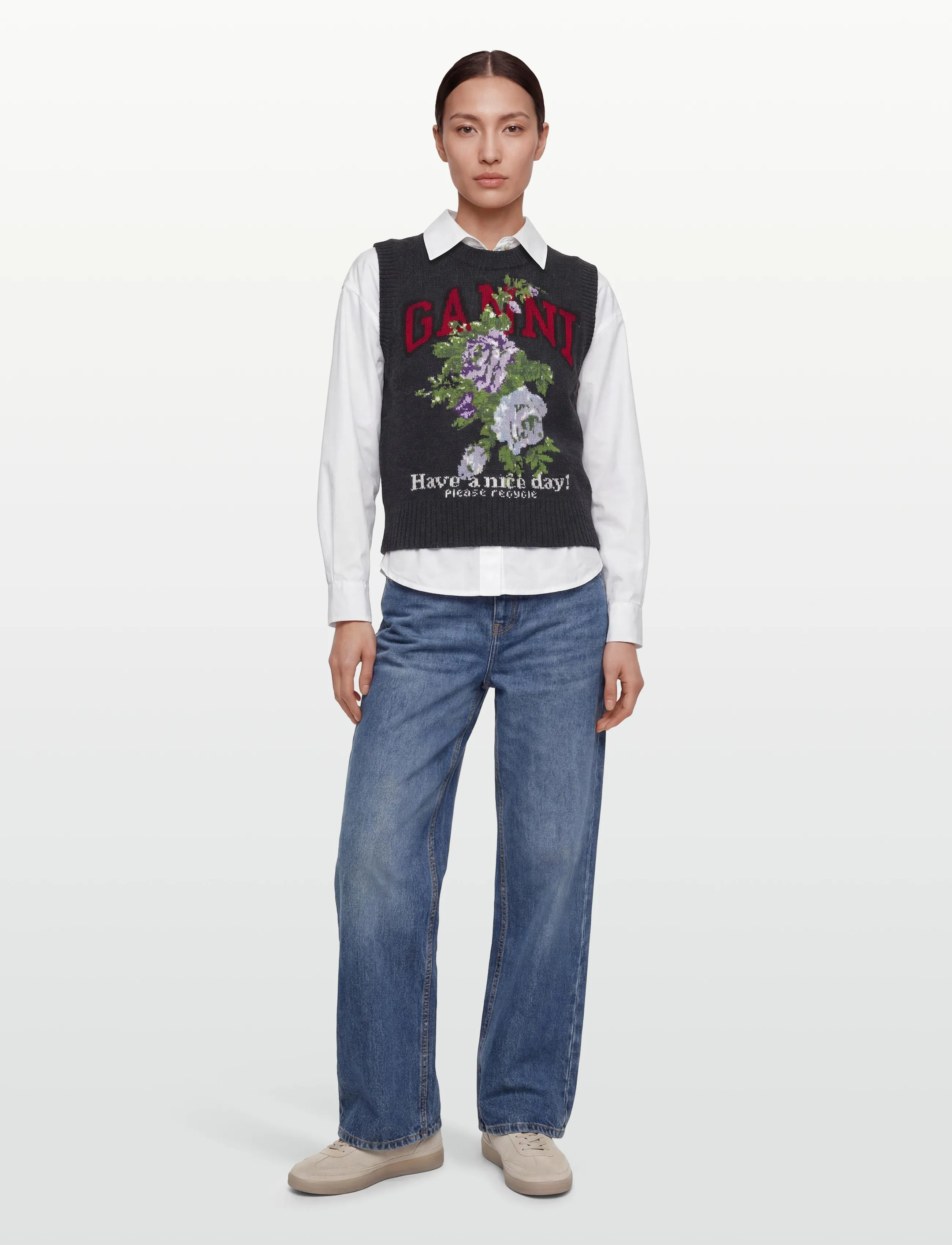 GANNI Floral Sleeveless Top, S, Grey, Veste > Strikkede Veste, Dame