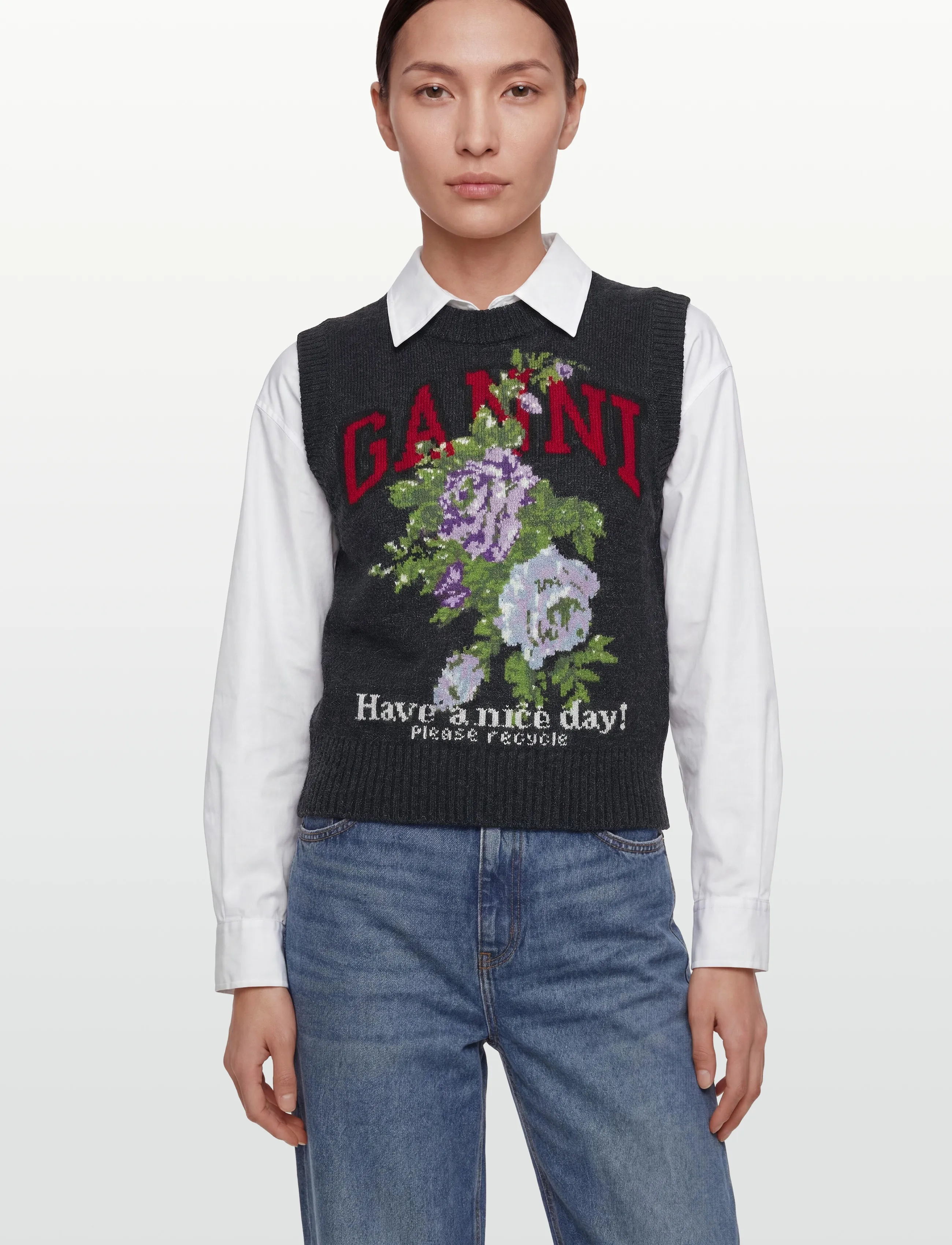 GANNI - Floral Sleeveless Top - kamizelki z dzianiny - phantom - 3