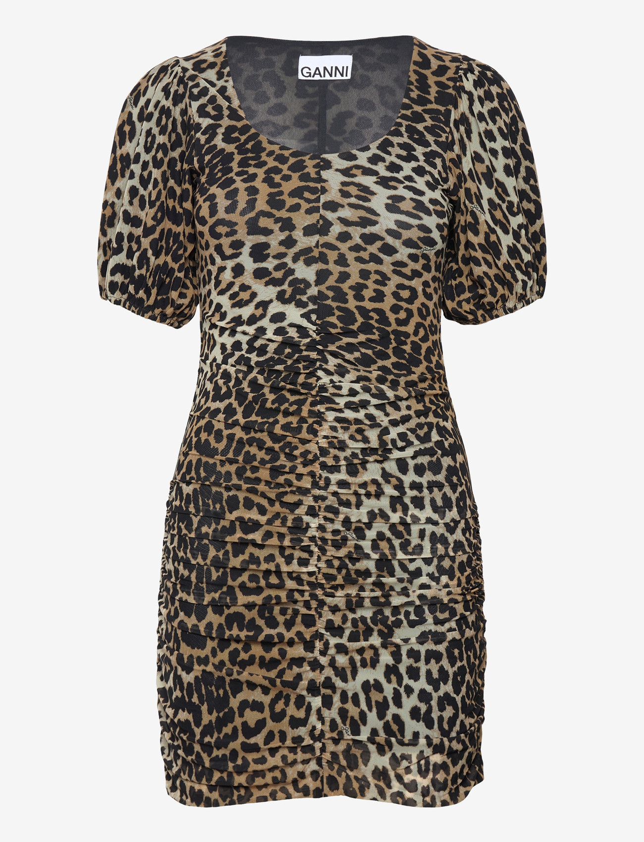 GANNI - Printed Mesh Puff Sleeve Mini Dress - fodralklänningar - leopard seedpearl - 0