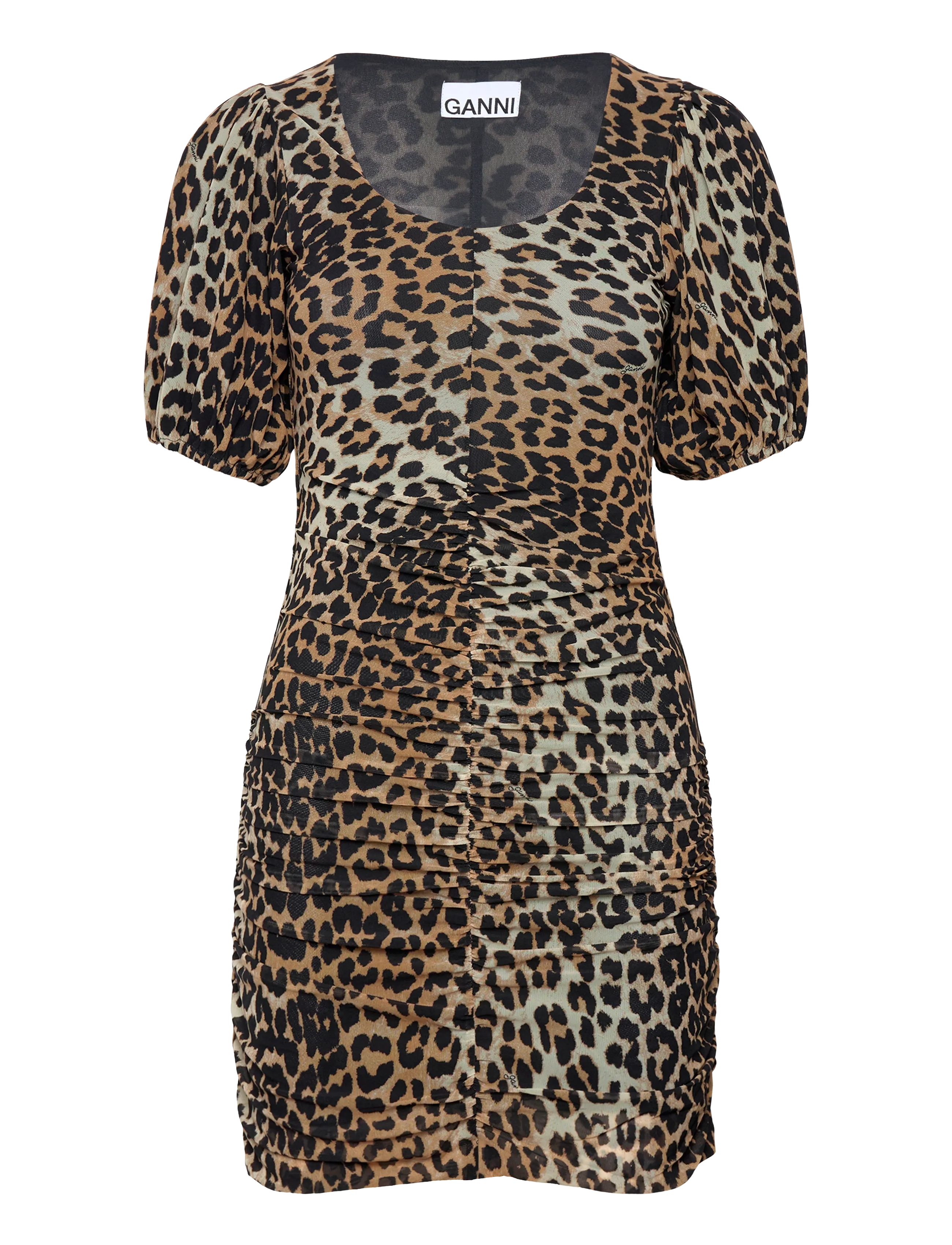 GANNI Printed Mesh Puff Sleeve Mini Dress - Kurze Kleider - LEOPARD SEEDPEARL / brown