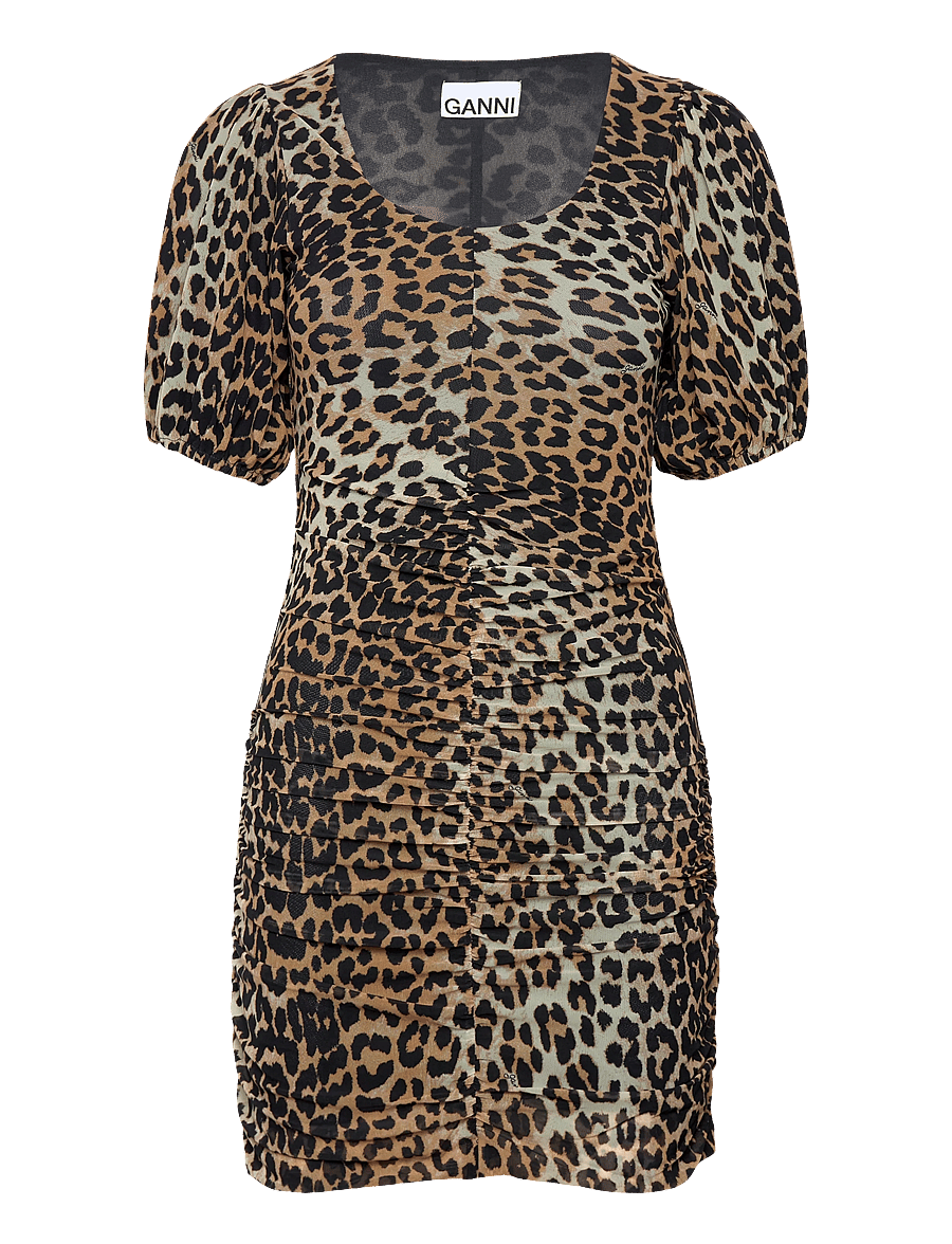 GANNI - Printed Mesh Puff Sleeve Mini Dress - stramme kjoler - leopard seedpearl - 1