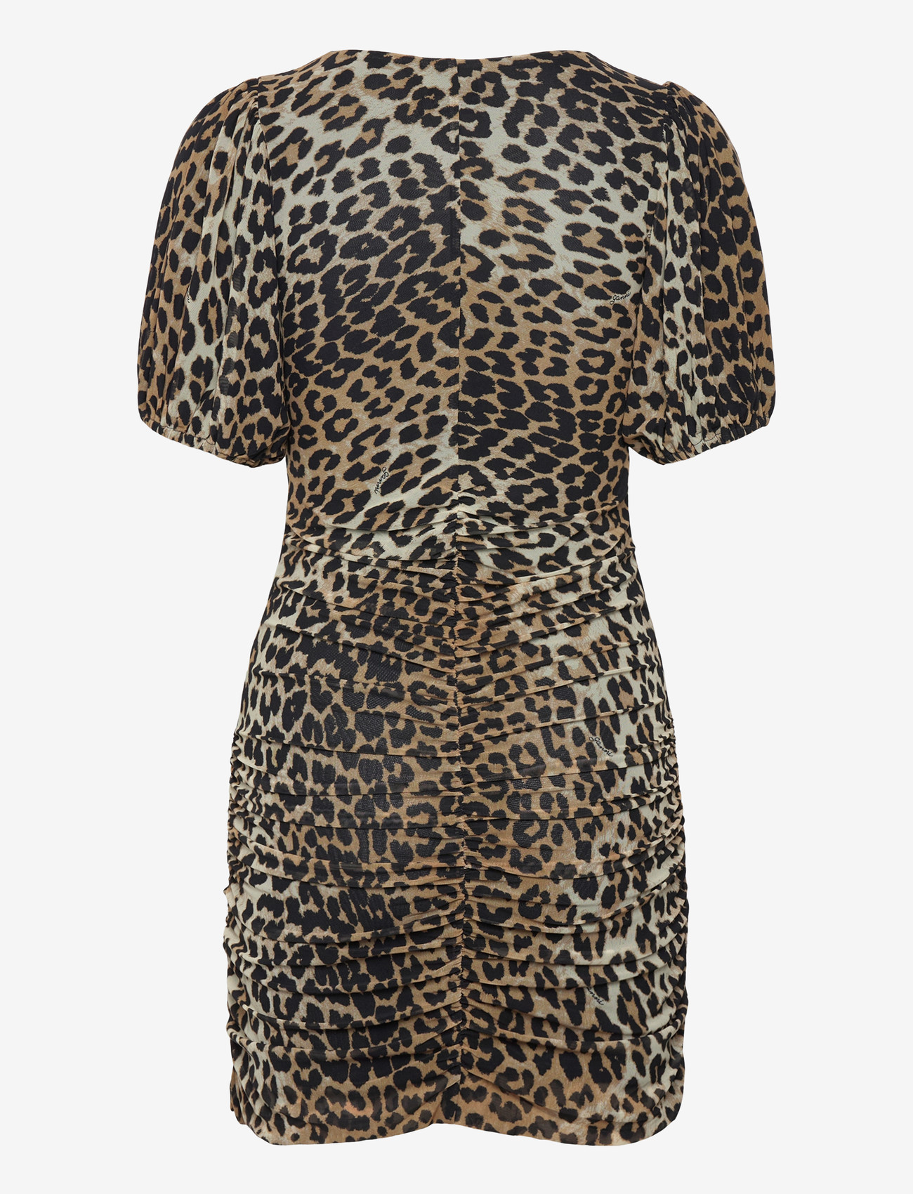 GANNI - Printed Mesh Puff Sleeve Mini Dress - fodralklänningar - leopard seedpearl - 1