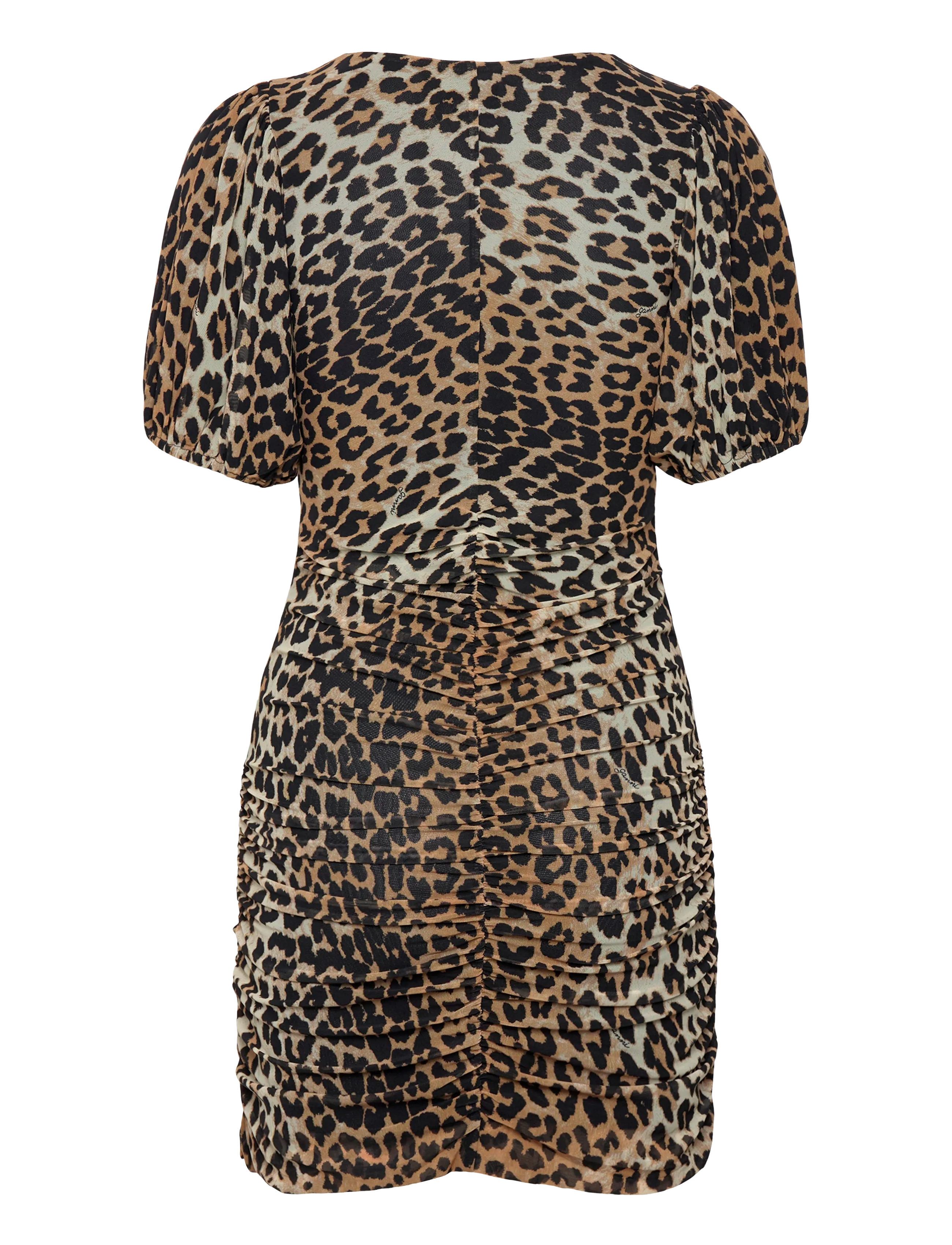 GANNI - Printed Mesh Puff Sleeve Mini Dress - etuikleider - leopard seedpearl - 1