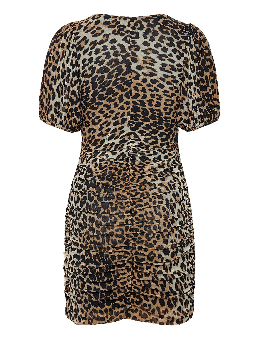 GANNI - Printed Mesh Puff Sleeve Mini Dress - stramme kjoler - leopard seedpearl - 2