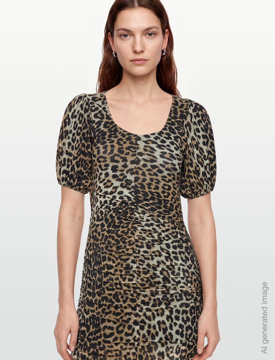 GANNI - Printed Mesh Puff Sleeve Mini Dress - stramme kjoler - leopard seedpearl - 3