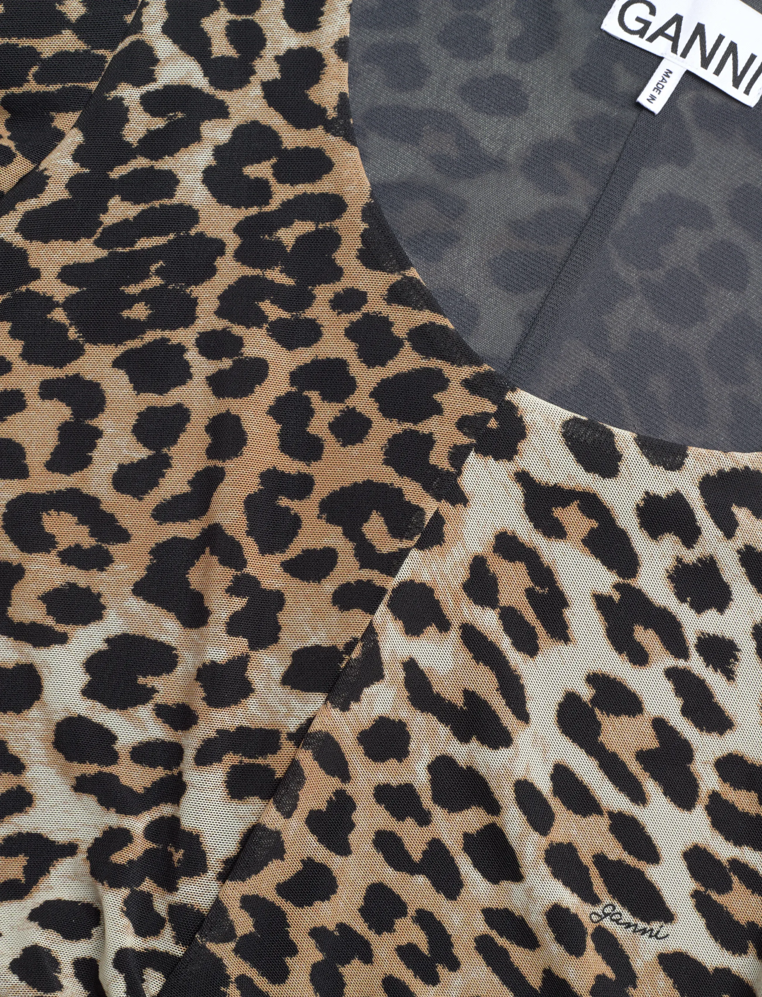 GANNI - Printed Mesh Puff Sleeve Mini Dress - etuikleider - leopard seedpearl - 2