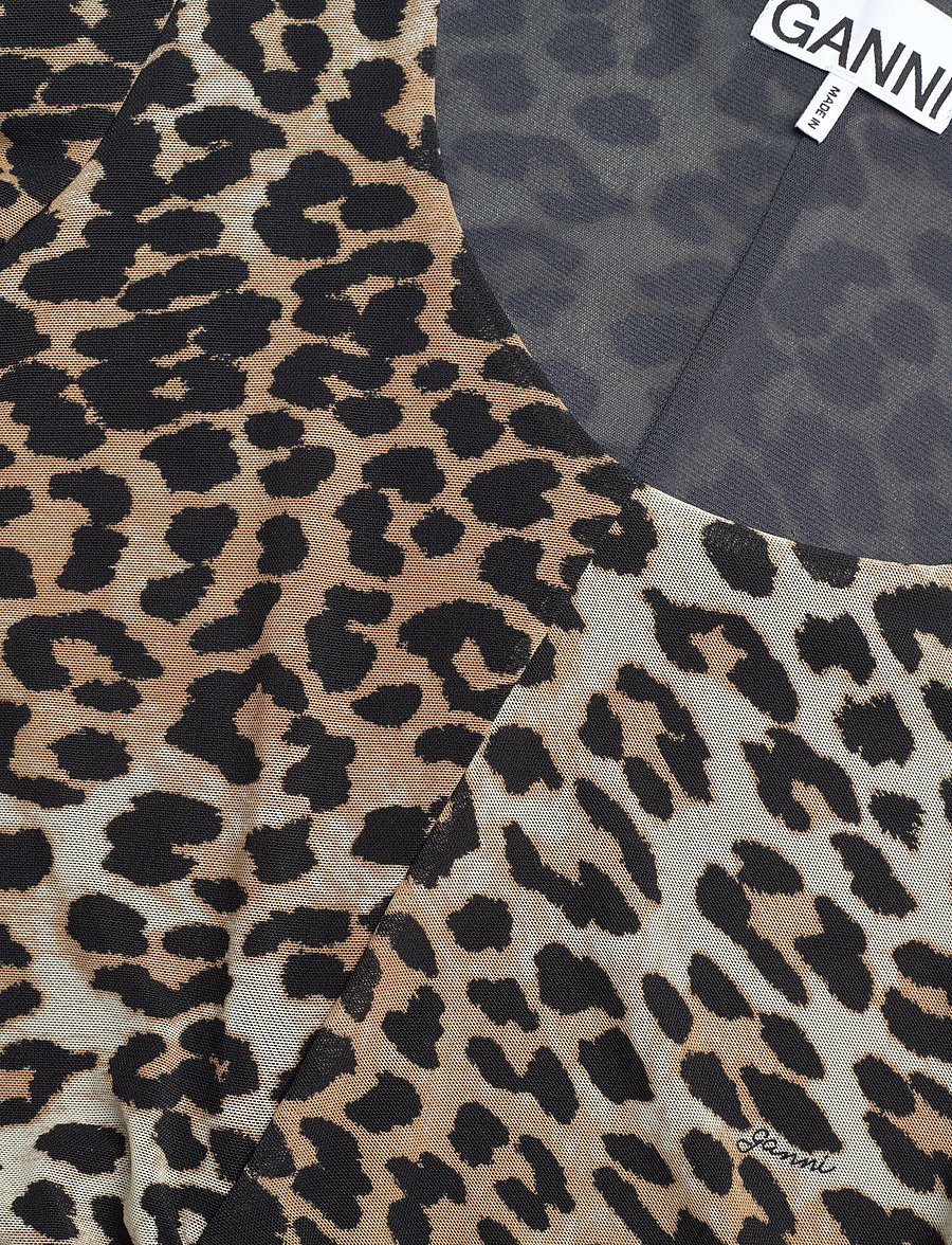 GANNI - Printed Mesh Puff Sleeve Mini Dress - stramme kjoler - leopard seedpearl - 5