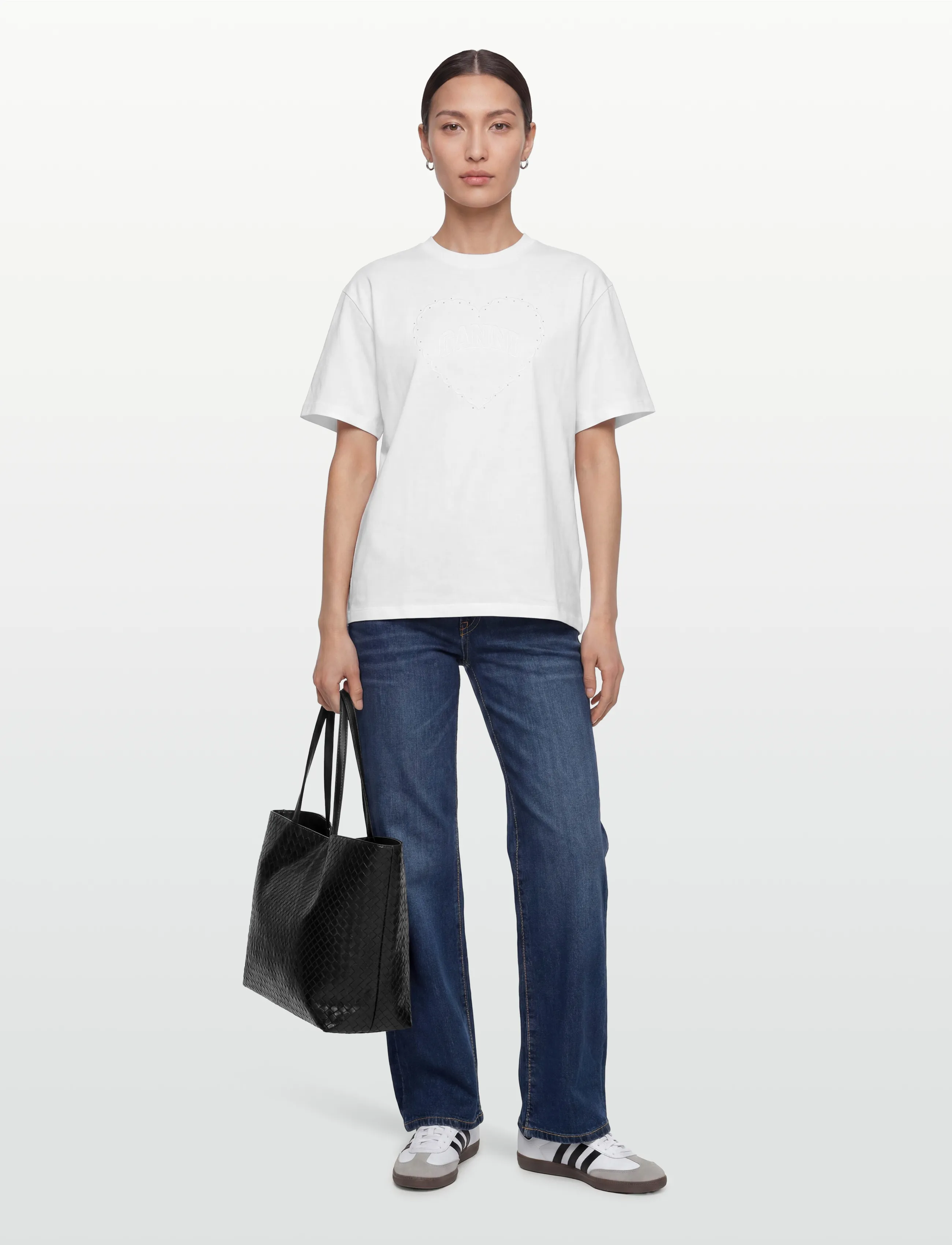 GANNI Cotton T-Shirt Embellished Graphic Print, S, White, T-Shirts & Toppe > Kortærmede, Dame