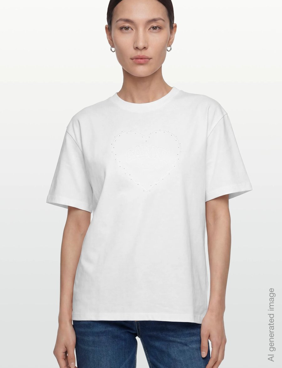 GANNI - Cotton T-Shirt Embellished Graphic Print - t-särgid - birght white - 3