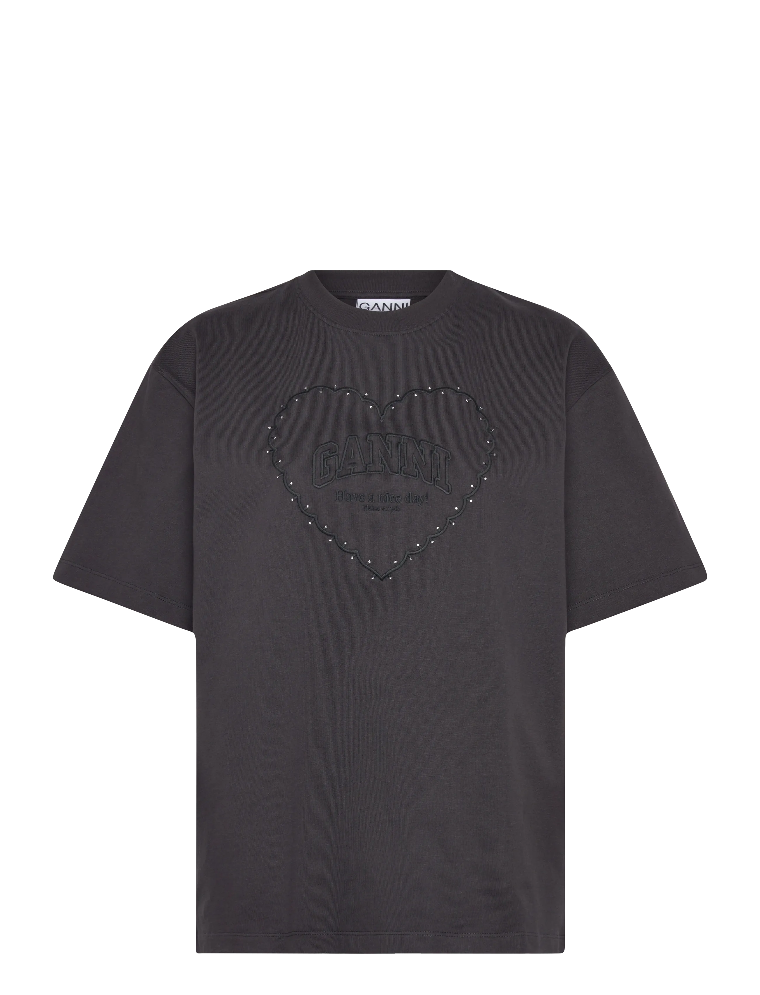 GANNI - Cotton T-Shirt Embellished Graphic Print - phantom - 1
