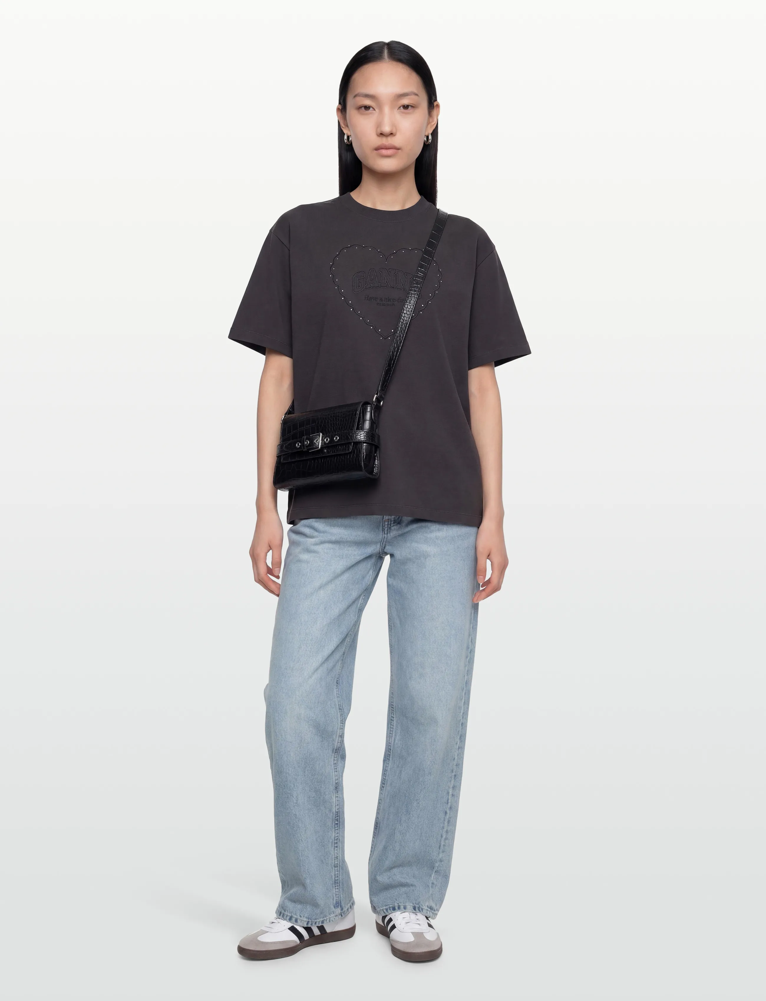 GANNI - Cotton T-Shirt Embellished Graphic Print - phantom - 0