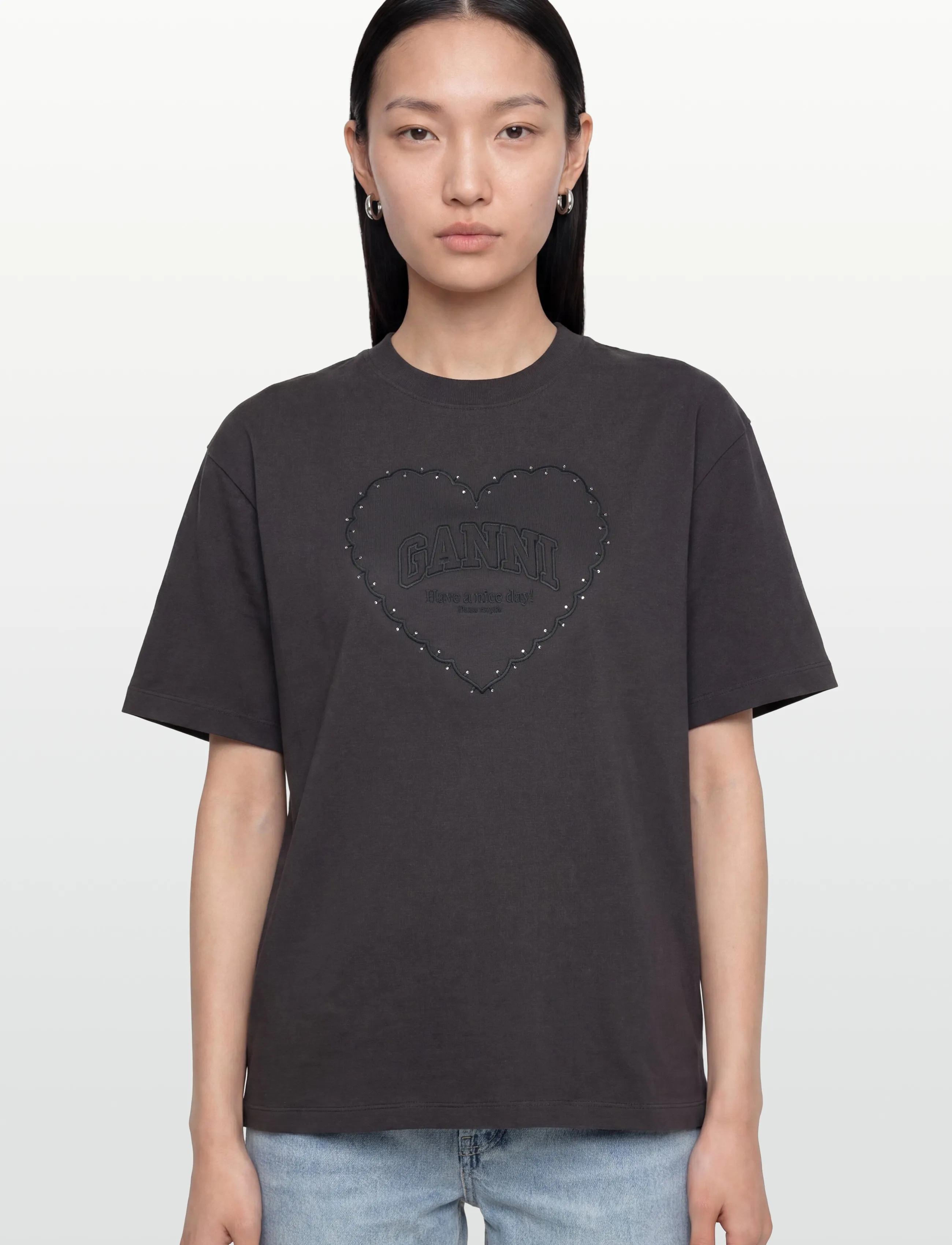 GANNI - Cotton T-Shirt Embellished Graphic Print - phantom - 3