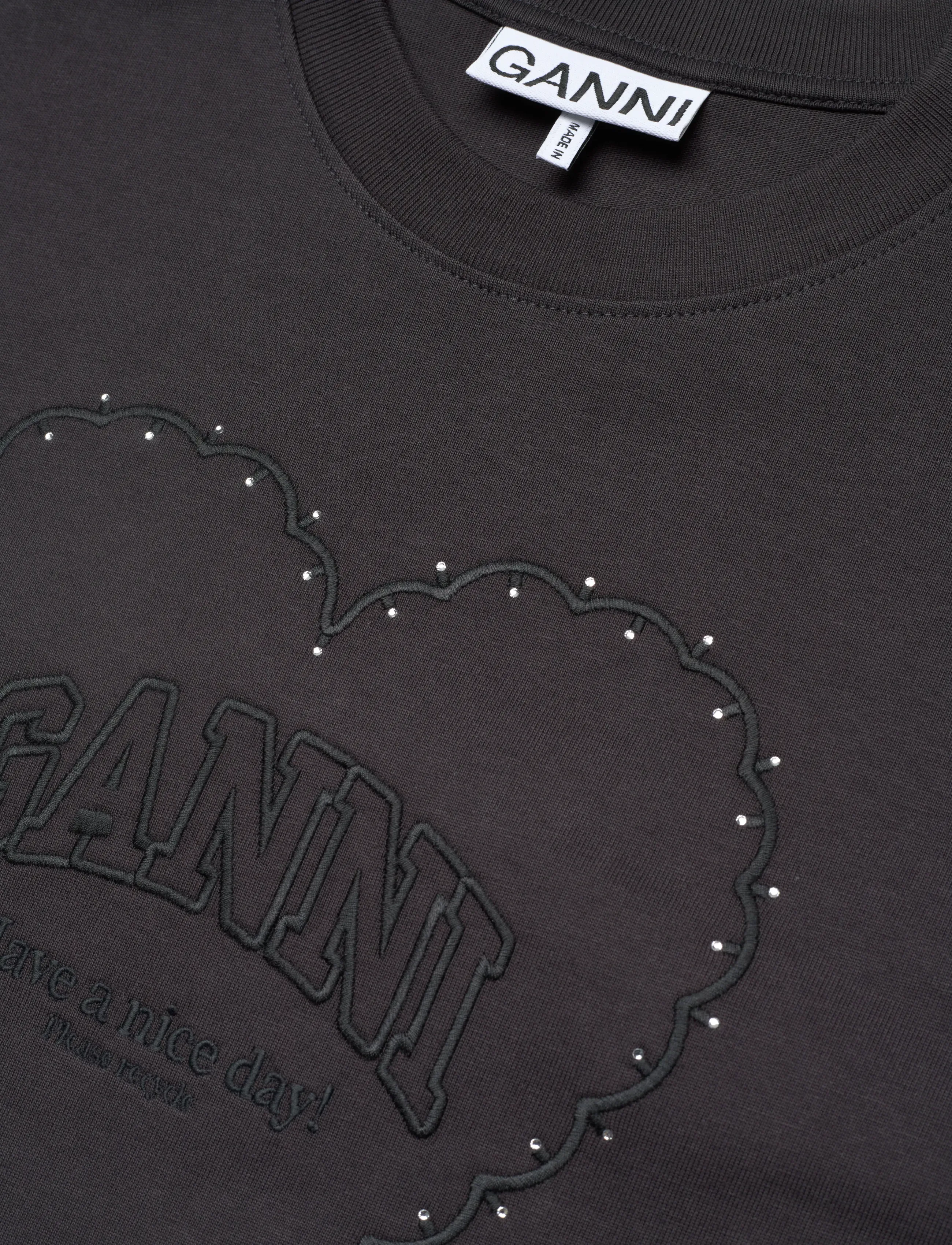GANNI - Cotton T-Shirt Embellished Graphic Print - phantom - 5