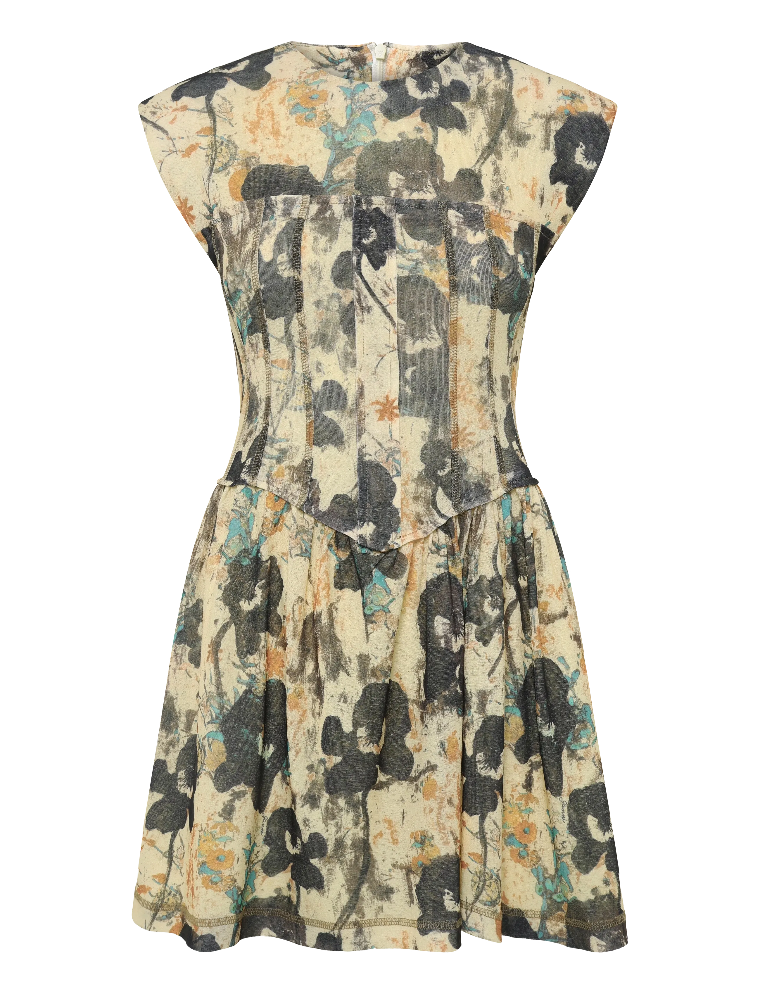 GANNI Printed Marl Mesh Corset Mini Kleid Cream - 32 - Damen