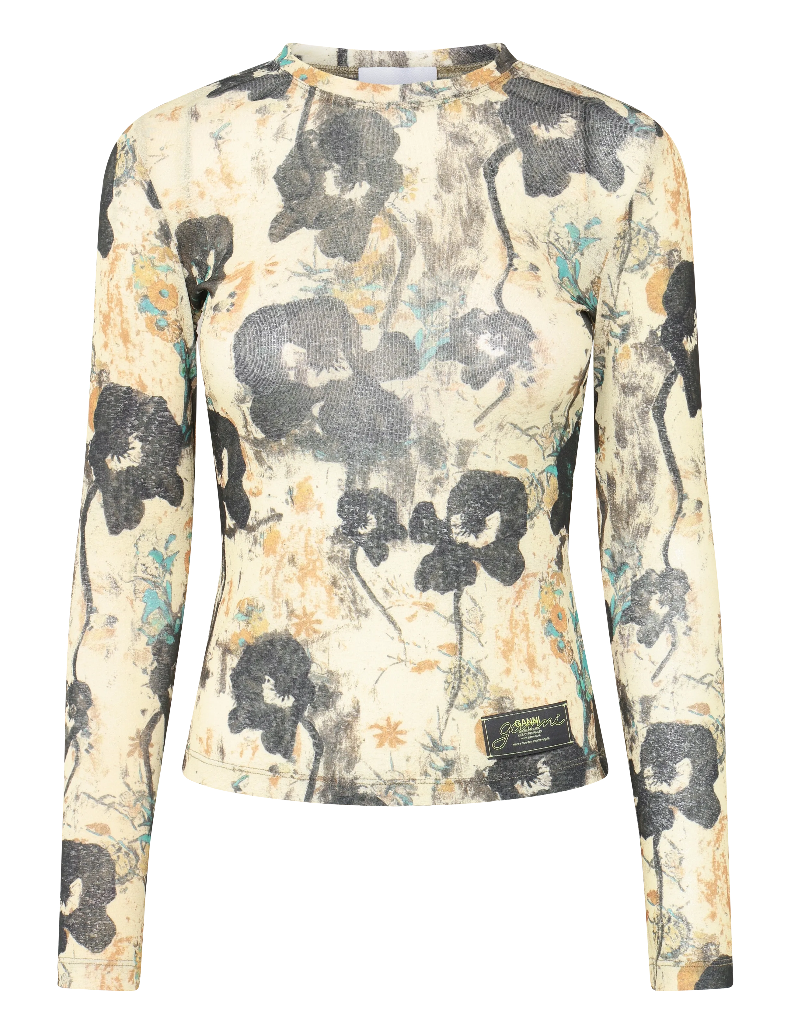GANNI Printed Marl Mesh Long Sleeve Top - T-shirts & Toppar - AFTERGLOW / cream