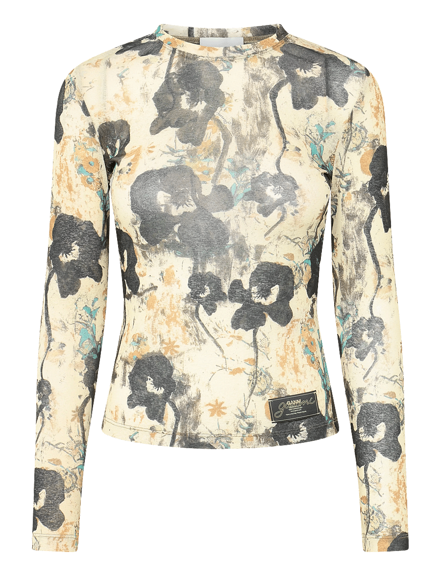GANNI - Printed Marl Mesh Long Sleeve Top - afterglow - 0