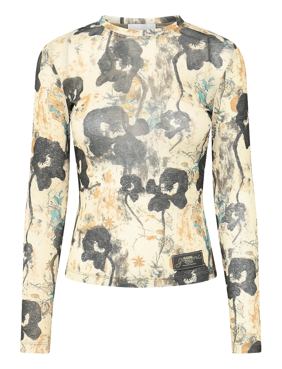 GANNI - Printed Marl Mesh Long Sleeve Top - long-sleeved tops - afterglow - 1