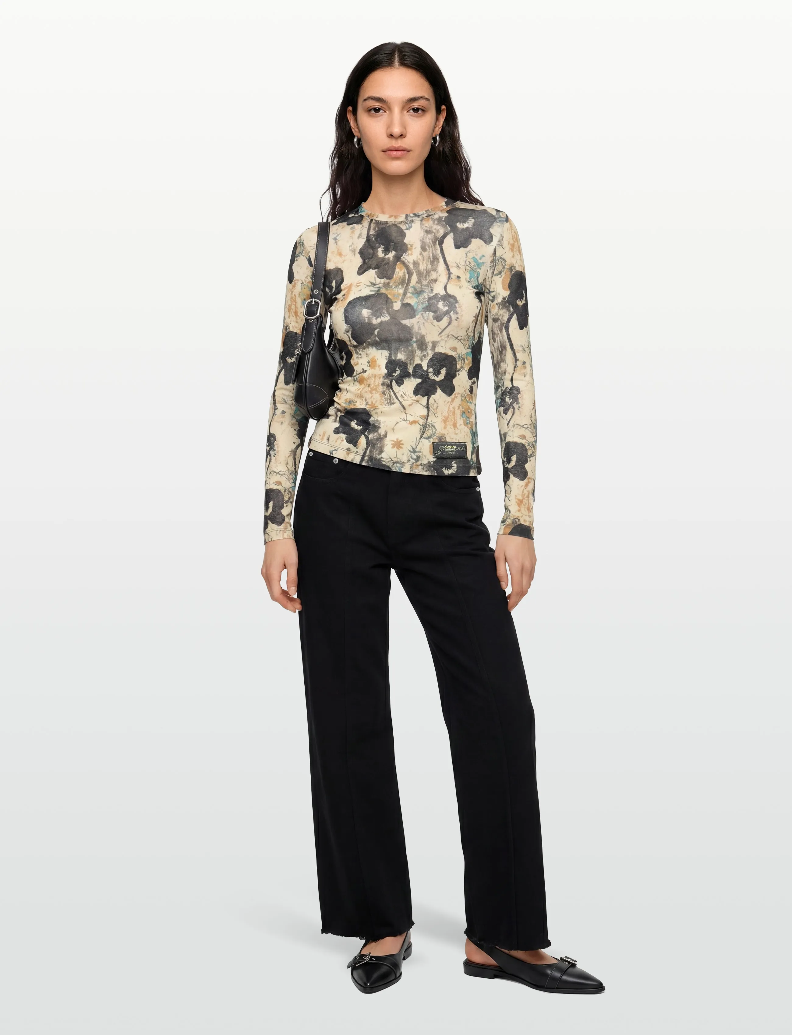 GANNI Printed Marl Mesh Long Sleeve Top - Långärmade toppar - AFTERGLOW / cream