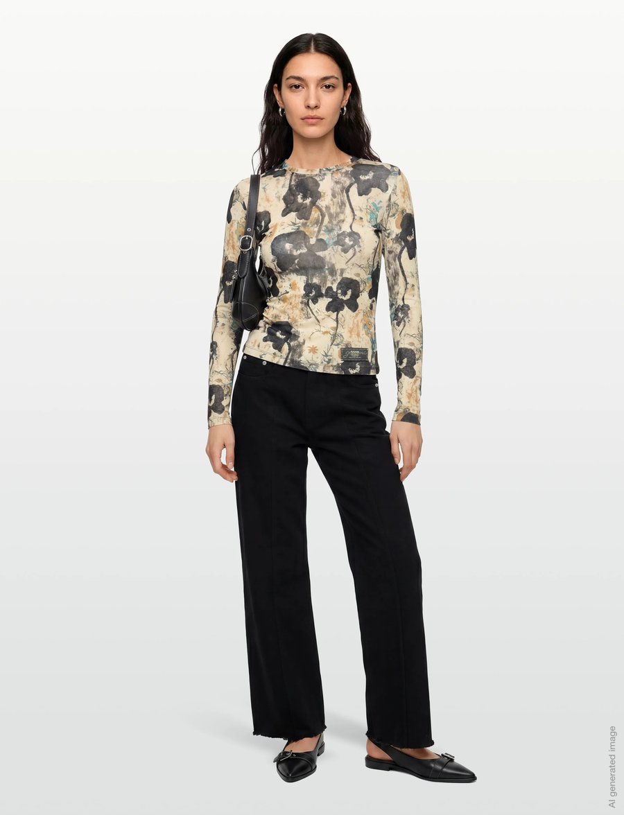 GANNI - Printed Marl Mesh Long Sleeve Top - langärmlige tops - afterglow - 0