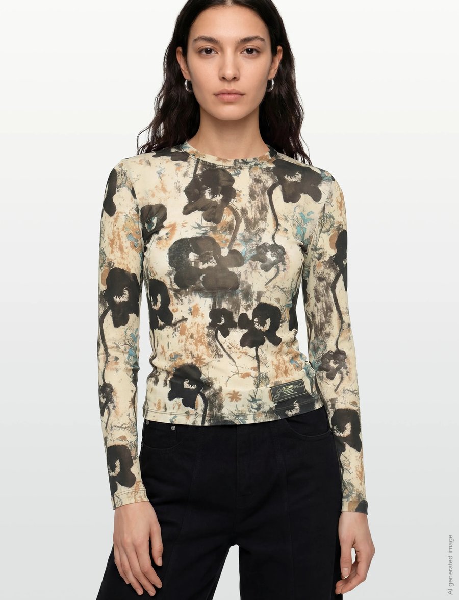 GANNI - Printed Marl Mesh Long Sleeve Top - langärmlige tops - afterglow - 3