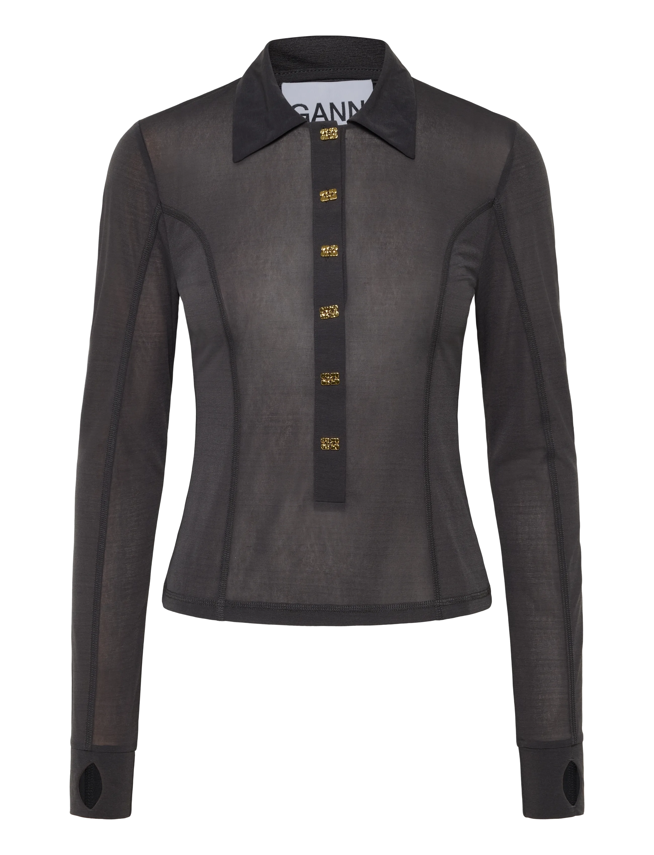 GANNI Sheer Mesh Jersey Buttoned Collar Top, Kvinder, Gennemsigtig Mesh Top Med Knapkrave, Grå, Str: 34