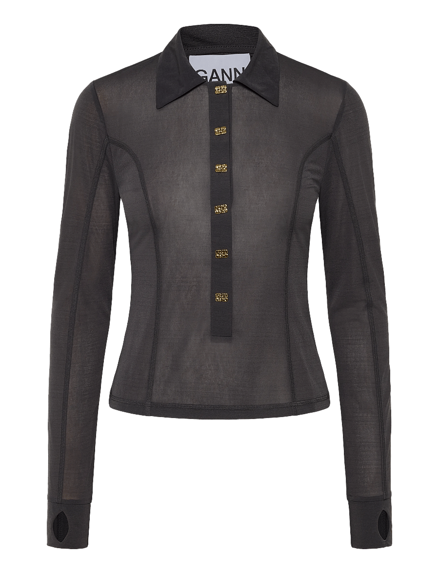GANNI - Sheer Mesh Jersey Buttoned Collar Top - phantom - 0