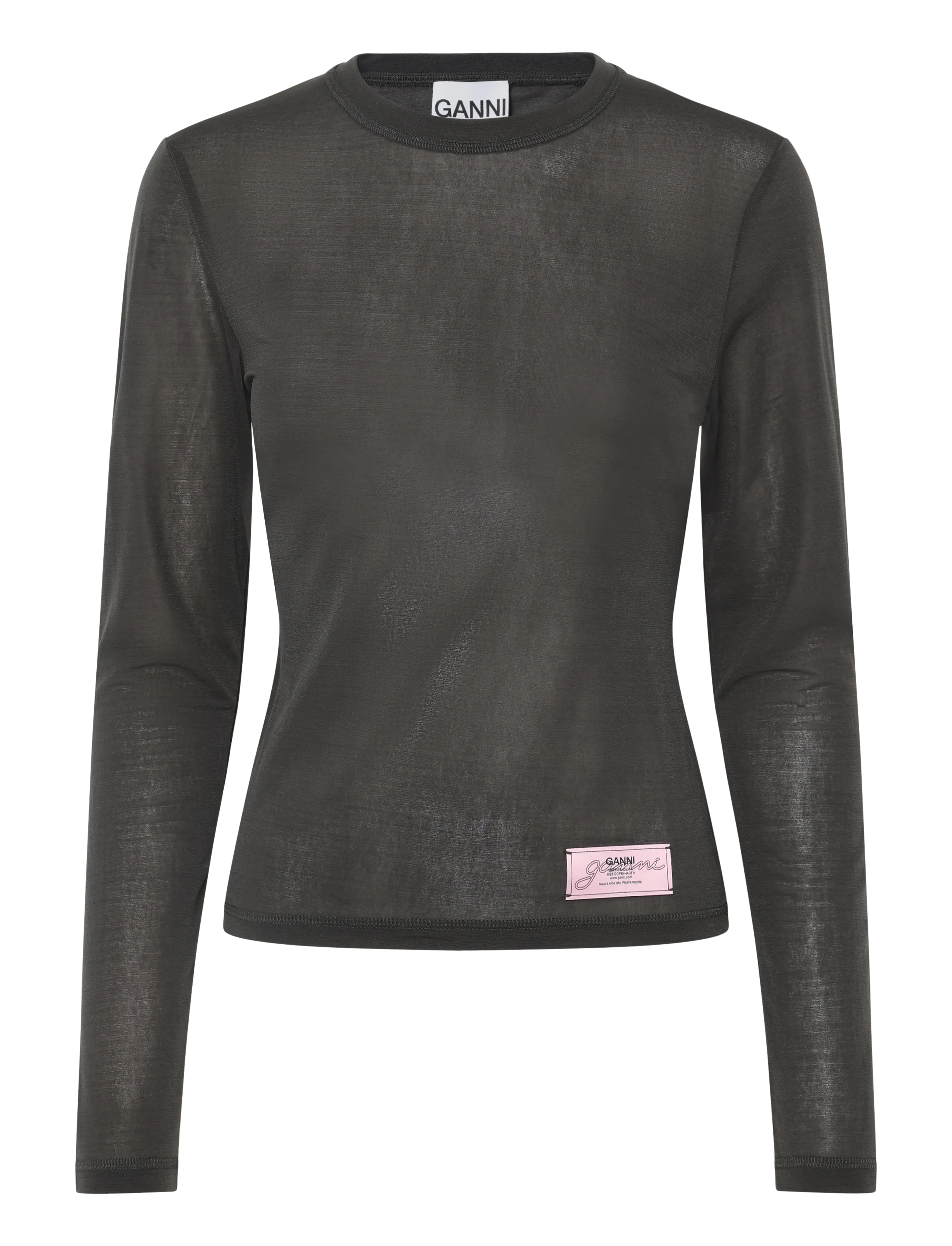 GANNI Sheer Mesh Jersey Long Sleeve Top, Kvinder, Gennemsigtig Mesh Langærmet Top, Grå, Str: 34