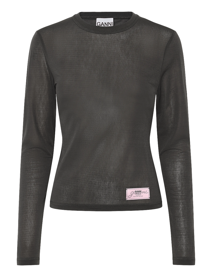GANNI - Sheer Mesh Jersey Long Sleeve Top - långärmade toppar - phantom - 0