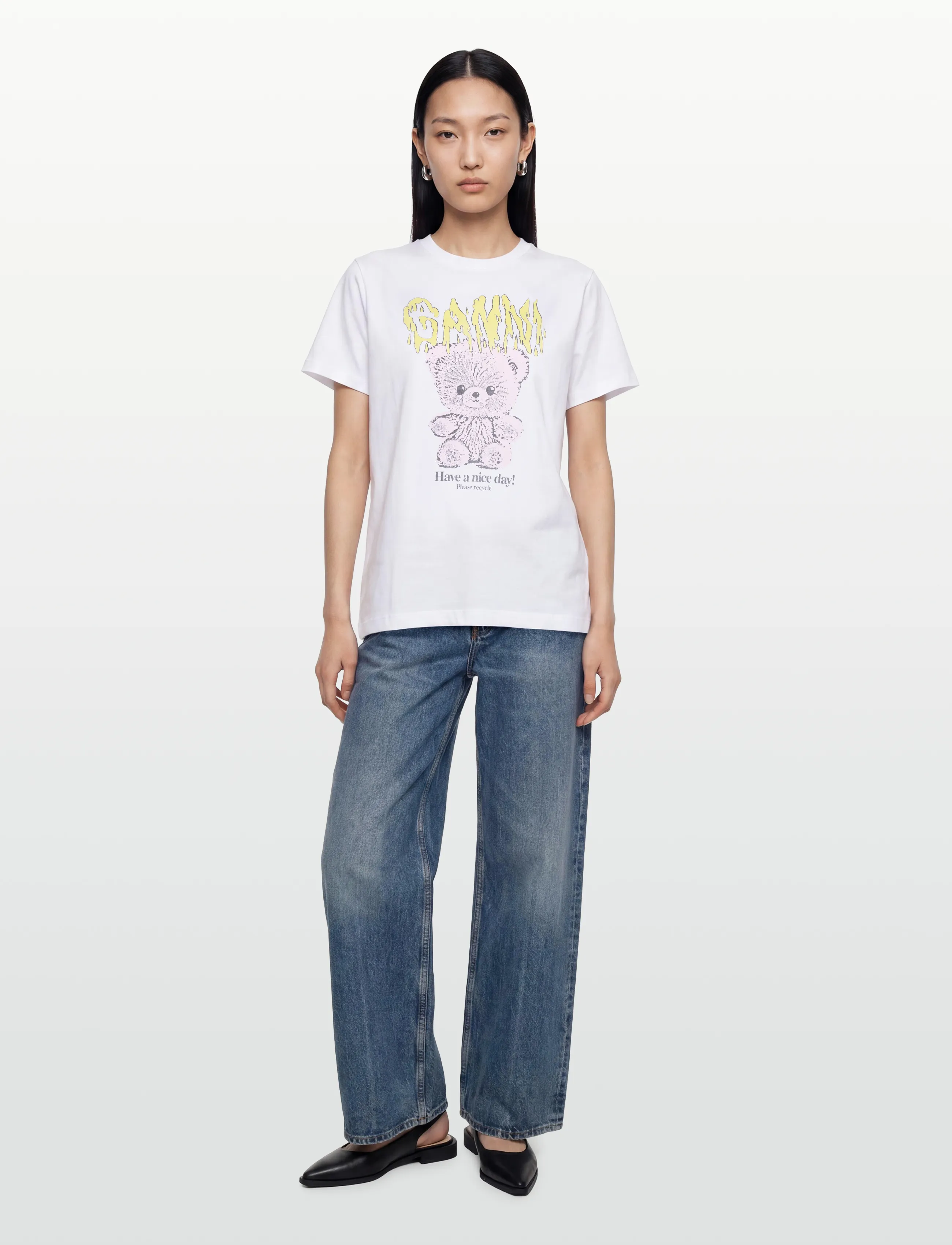 GANNI Cotton Crew Neck T-Shirt with Graphic Print - T-särgid ja alussärgid - BRIGHT WHITE / white