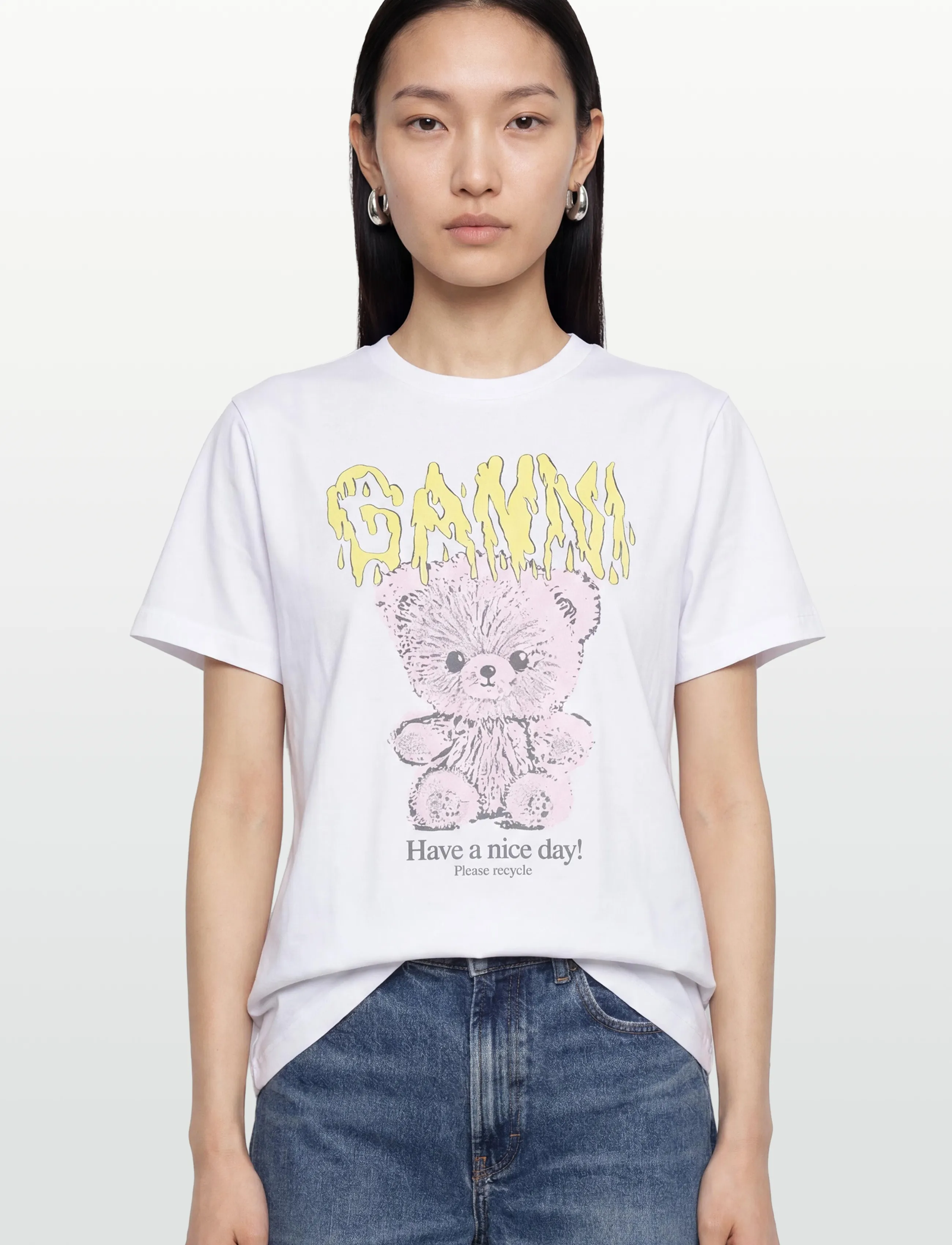 GANNI - Cotton Crew Neck T-Shirt with Graphic Print - bright white - 3