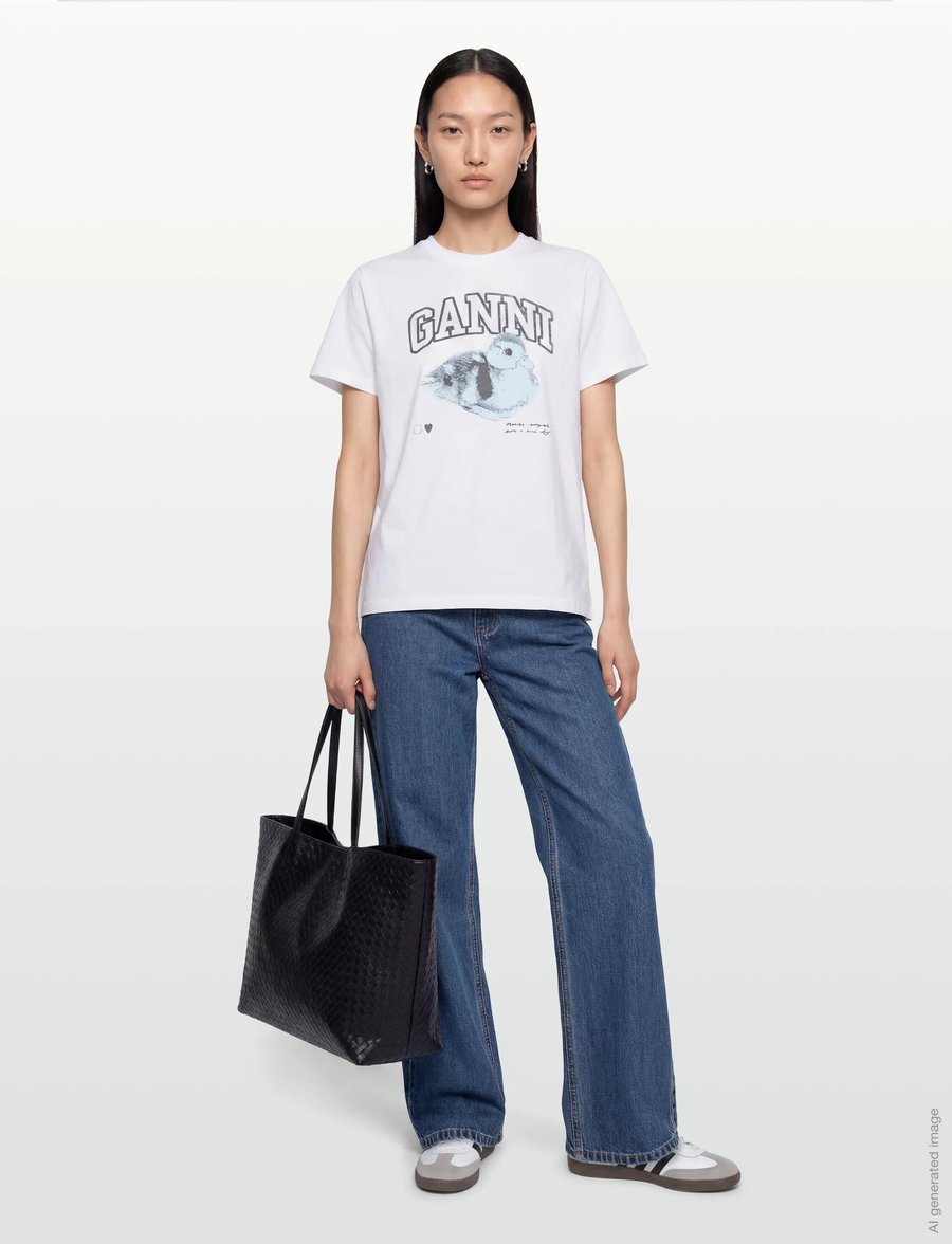 GANNI - Teddy Print Cotton T-Shirt - bright white - 0
