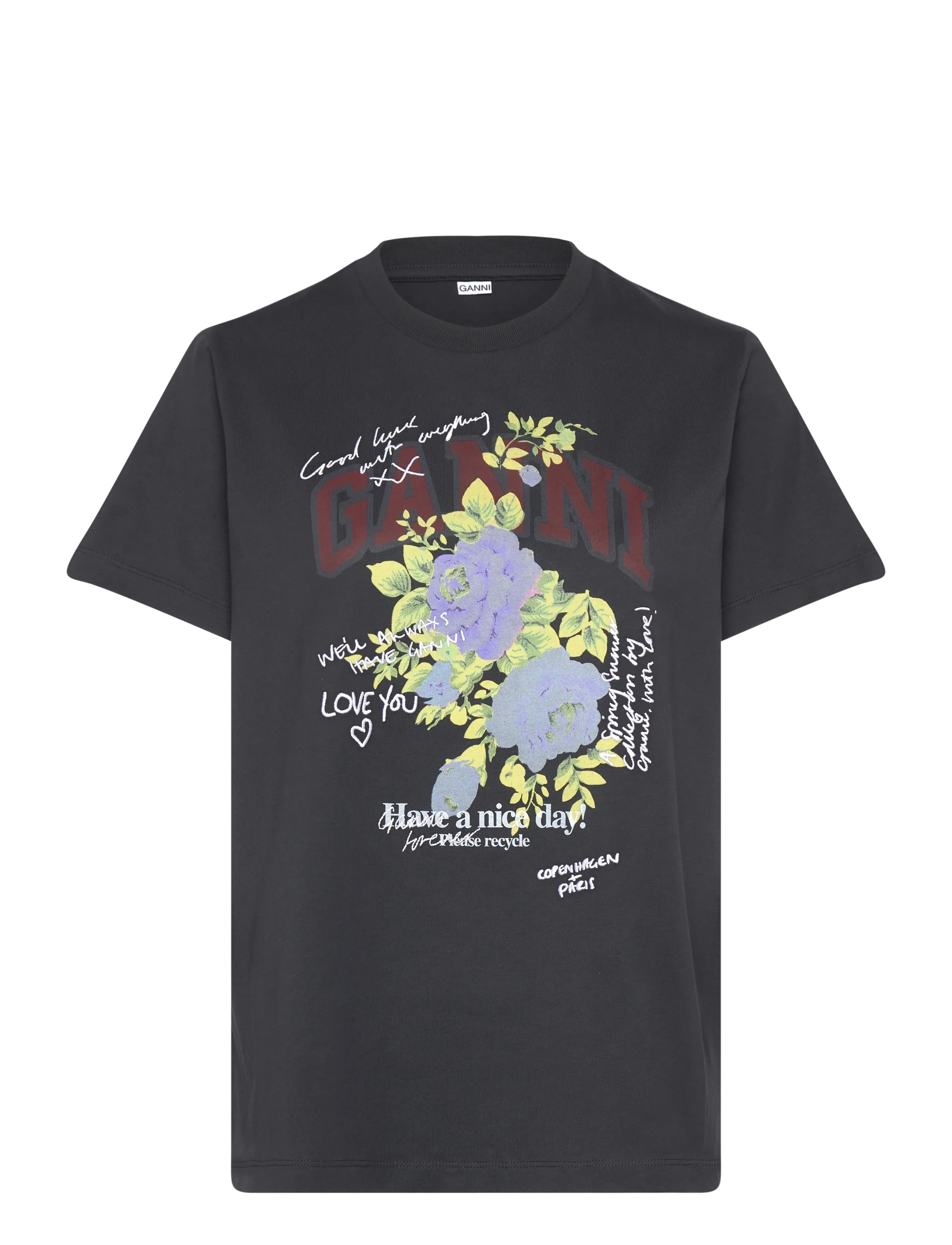 GANNI Flower Print T-Shirt - Nyheder - PHANTOM / black