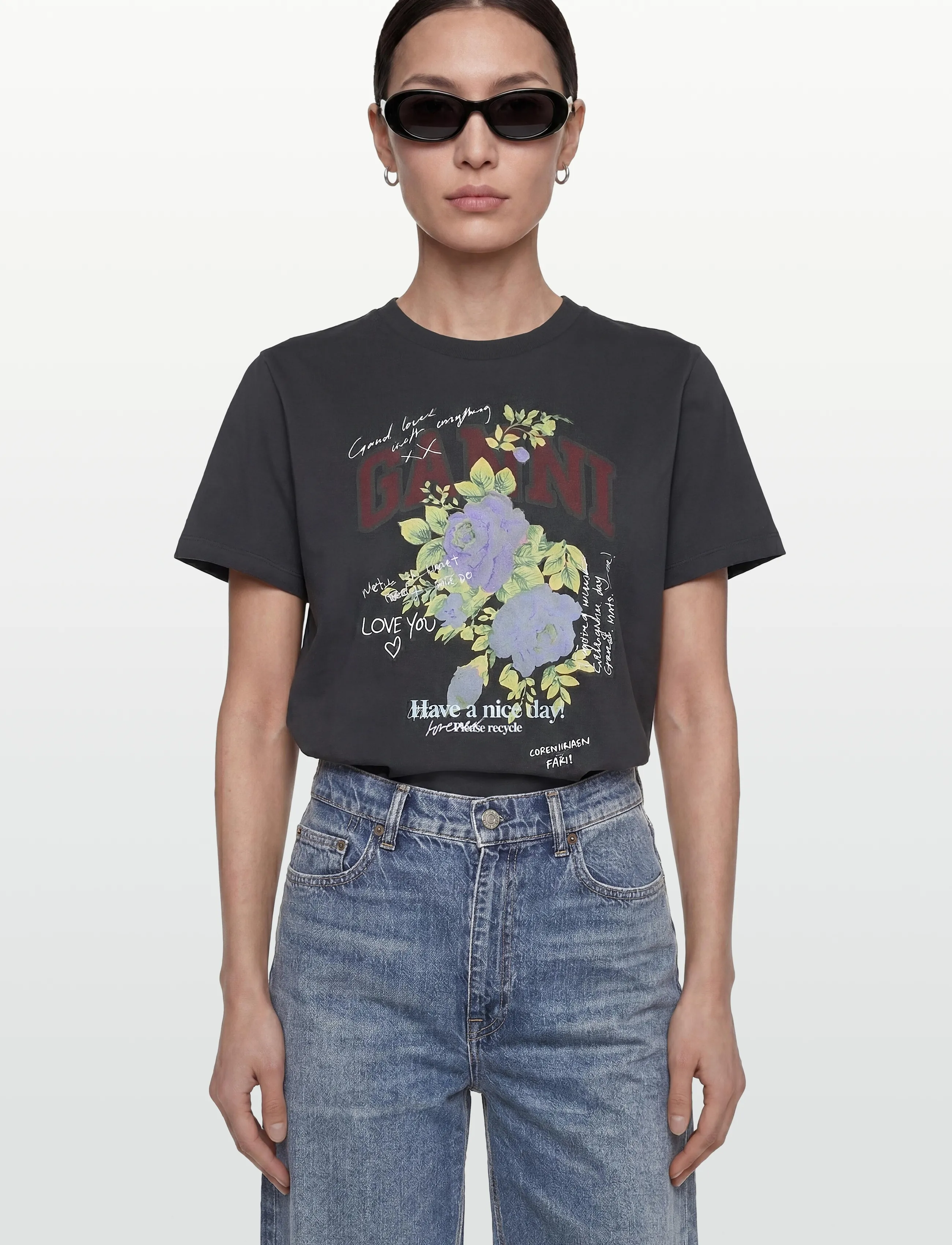 GANNI - Flower Print T-Shirt - t-shirts - phantom - 3