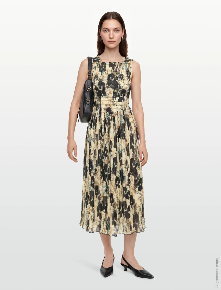 GANNI - Printed Pleats Smock Midi Straps Dress - summer dresses - afterglow - 0