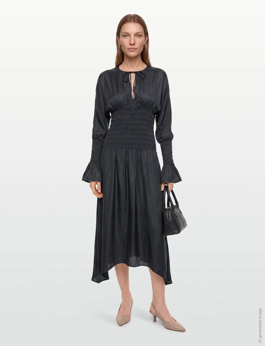 GANNI - Viscose Habotai Smock Midi Dress - maksikleidid - phantom - 0