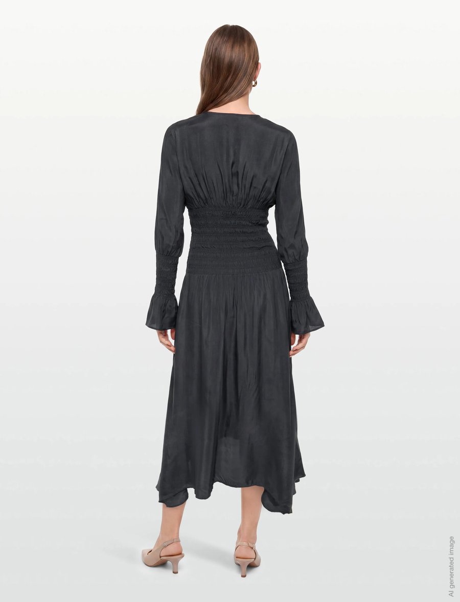 GANNI - Viscose Habotai Smock Midi Dress - maksikleidid - phantom - 4