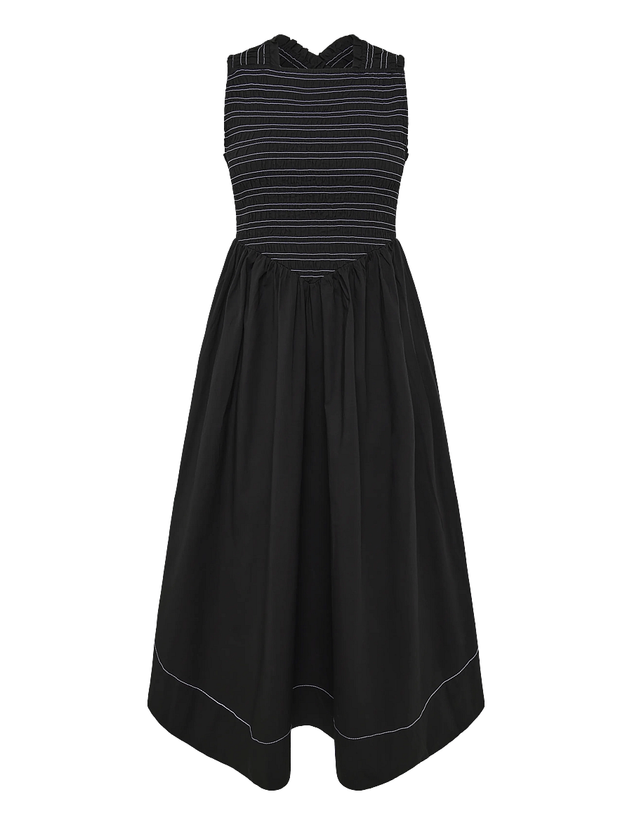 GANNI - Washed Stretch Cotton Smock Midi Straps Dress - sommerkleider - black - 0