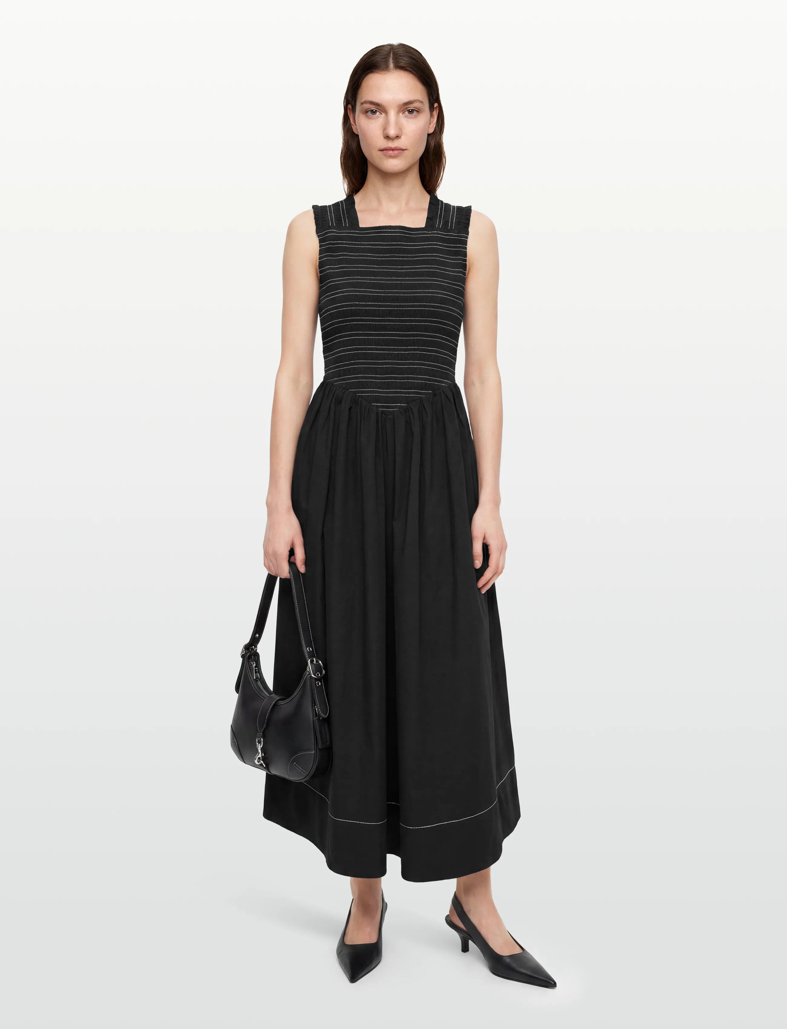 GANNI Washed Stretch Cotton Smock Midi Straps Dress - Modern femininity - BLACK / black