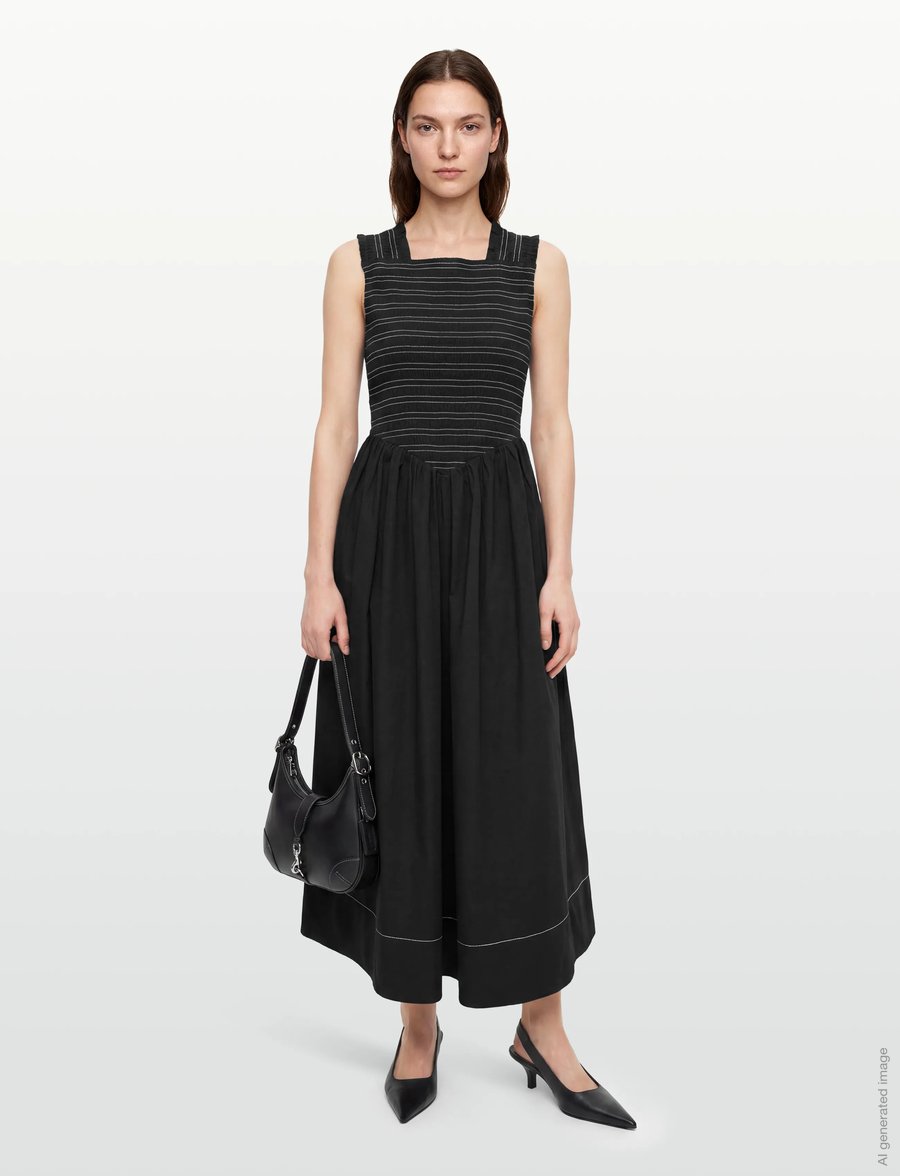 GANNI - Washed Stretch Cotton Smock Midi Straps Dress - sommerkjoler - black - 0