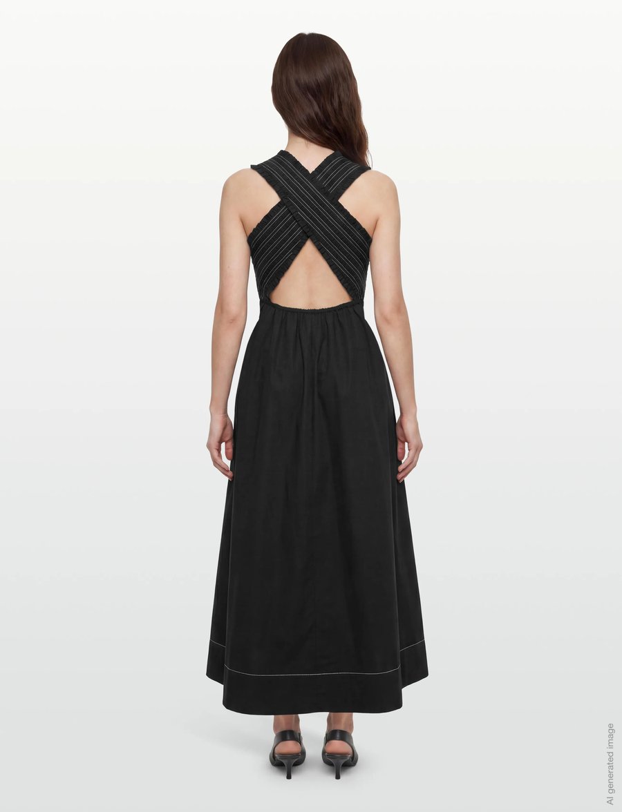 GANNI - Washed Stretch Cotton Smock Midi Straps Dress - sommerkjoler - black - 4