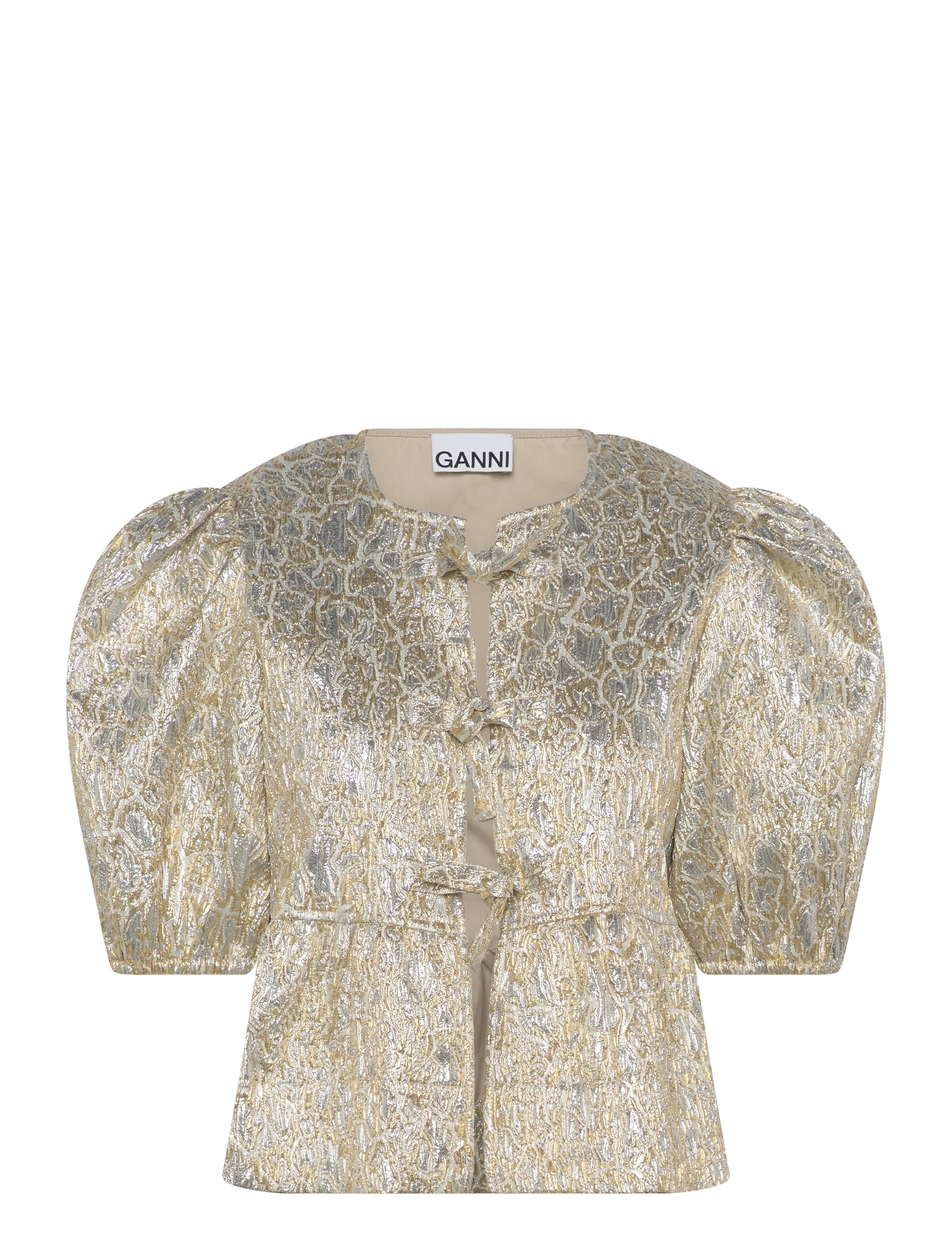 GANNI METALLIC CLOQUE PEPUM TIE STRING BLOUSE - GANNI - GOLD/SILVER / gold
