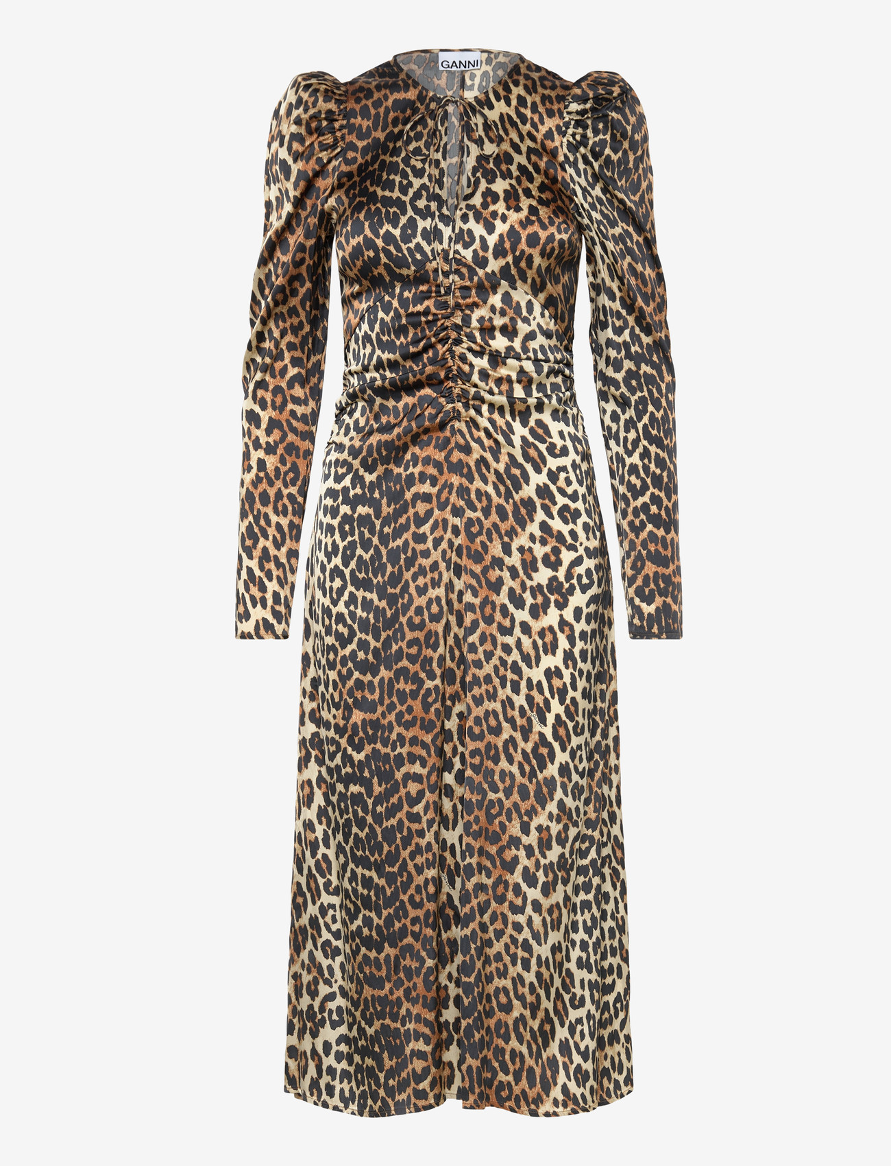 GANNI - PRINT SATIN RUCHED MIDI DRESS - midikleidid - leopard - 0